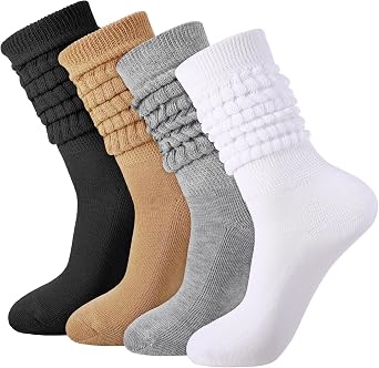 4 Pairs Slouch Cotton Knit Socks,Slouch Sock for Women,Retro Stacked-Socks Soft Breathable Athletic Scrunch Calf Ankle-Sock Long Chunky Scrunch Knee HighSock for Women