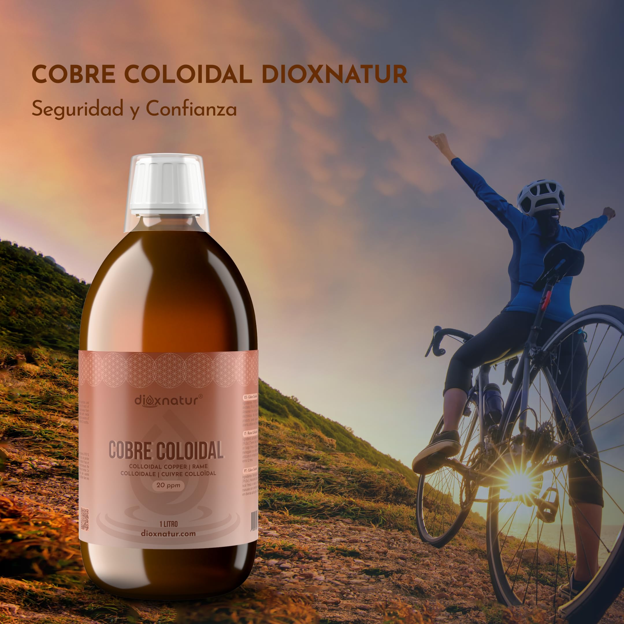 Cobre Coloidal 500 ml - 20 ppm - 99,99% Pureza - Solución Líquida con Agua Bidestilada - Botella Vidrio Ámbar con Vasito Medidor