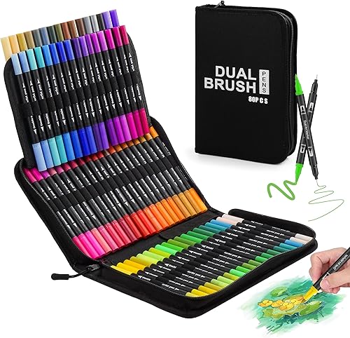 Juego de rotuladores artísticos  80 colores finos y de doble punta a base de agua para libros de colorear para adultos, bolígrafos de dibujo sin