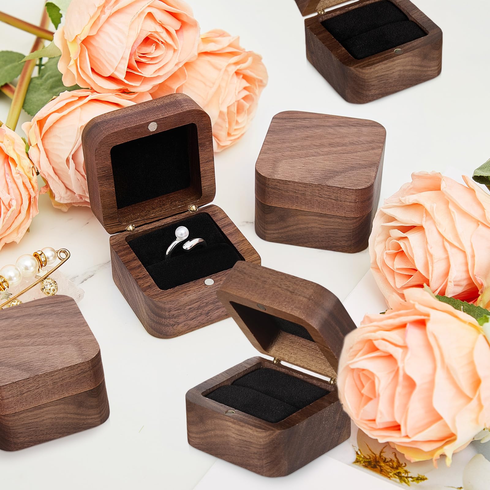 6 Stück Holz-Ringschatullen für Hochzeit, Mini-Verlobungsringhalter mit einzelnem Schlitz, elegantes Retro-Ringetui, massiv, handgefertigt, rustikal, Geschenk, Schmuck, Aufbewahrungsbox für