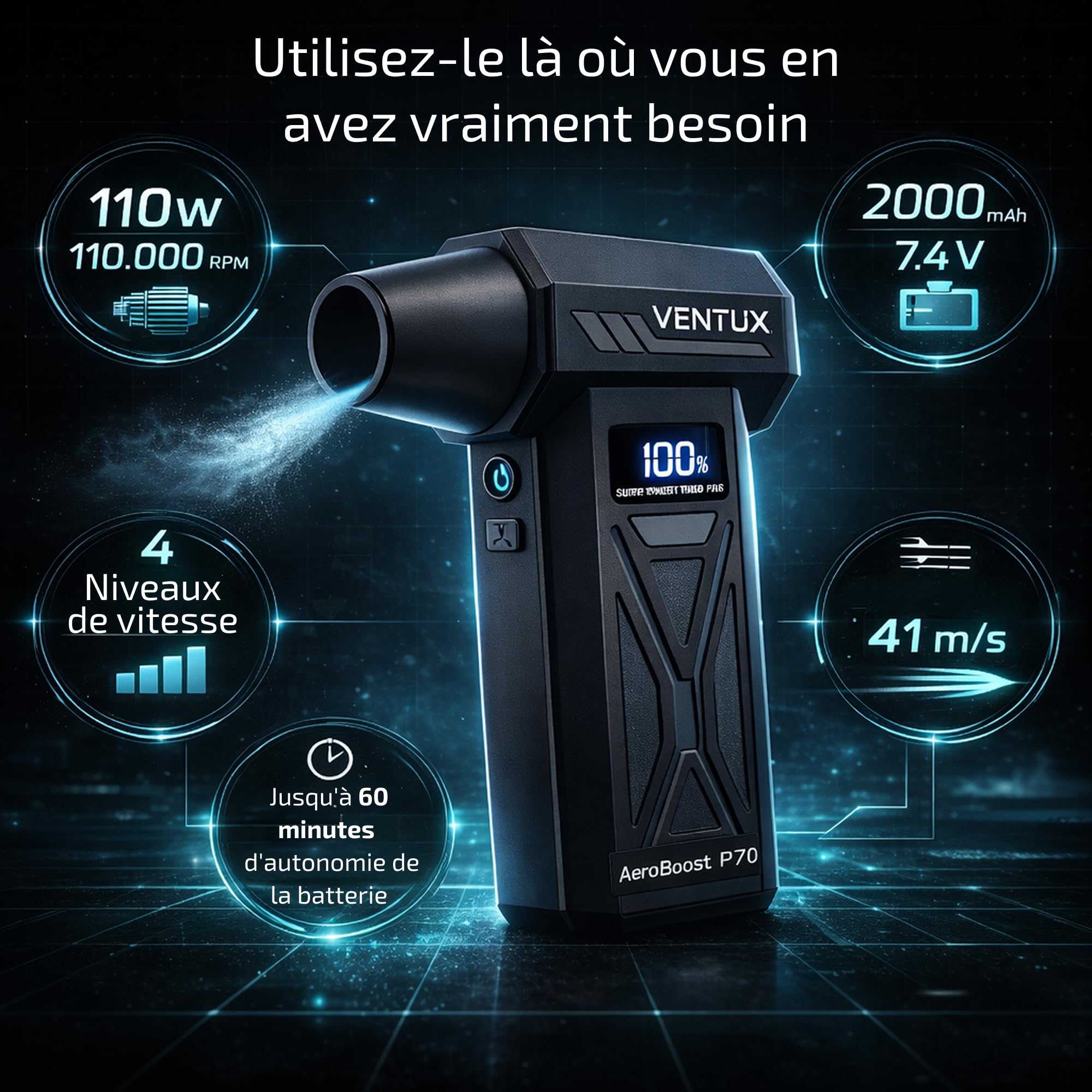 AeroBoost P70 110W – Souffleur d'Air Portable Sans Fil Rechargeable | 4 Vitesses Écran LCD + LED | 4 Buses Interchangeables | Nettoyage Clavier PC, Voiture, Caméra, Console