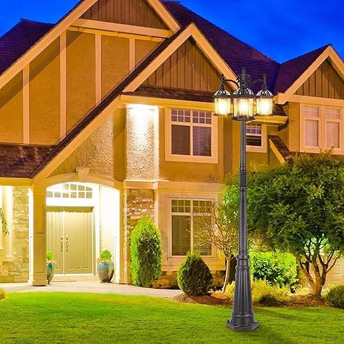 Miniatura 8 de Lámpara de poste de bronce para exteriores con salida GFCI, poste de luz de calle de aluminio de triple cabezal para exterior con sensor, accesorio