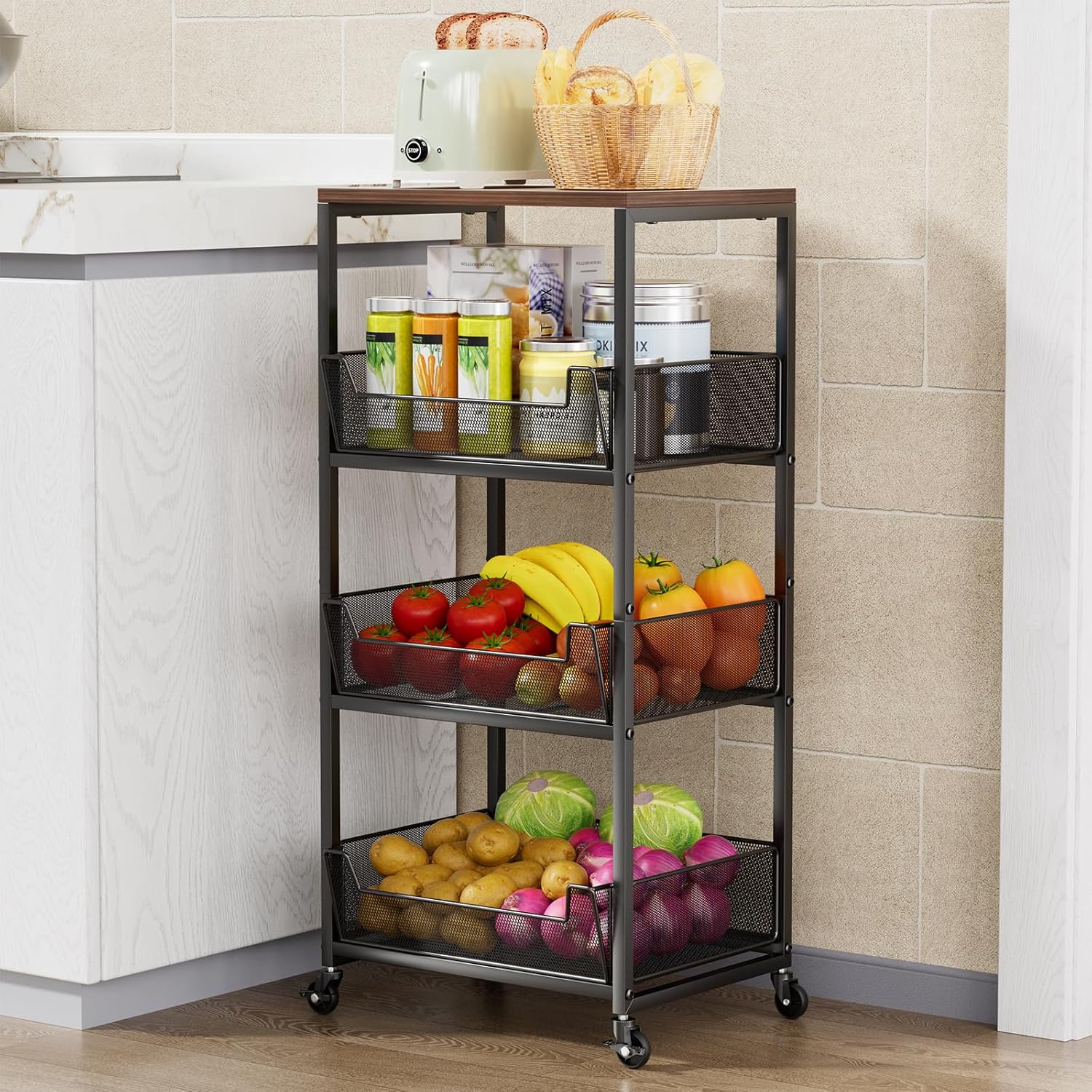 HapiRm Fruit Basket Kitchen Cart – 4-Tier Rolling...
