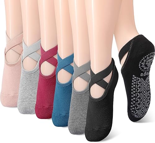 Miniatura 8 de Geyoga 6 pares de calcetines de pilates para mujer, calcetines de barre para yoga, ballet, baile, calcetines antideslizantes con correas de agarre