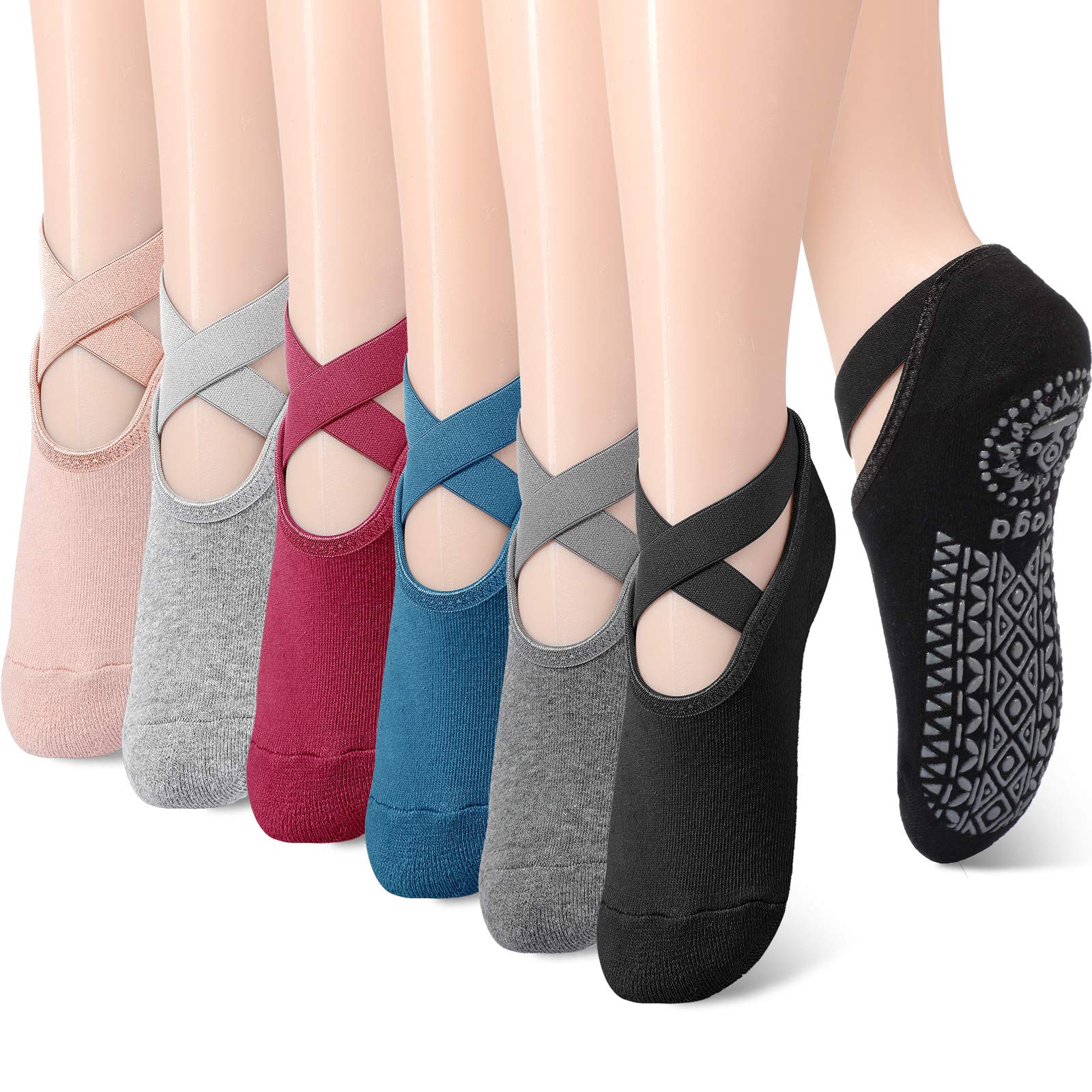 Geyoga 6 Pairs Pilates Socks for Women Non-slip Yoga Socks with Grip Strap for Barre Ballet Dance Barefoot Workout Plasticity