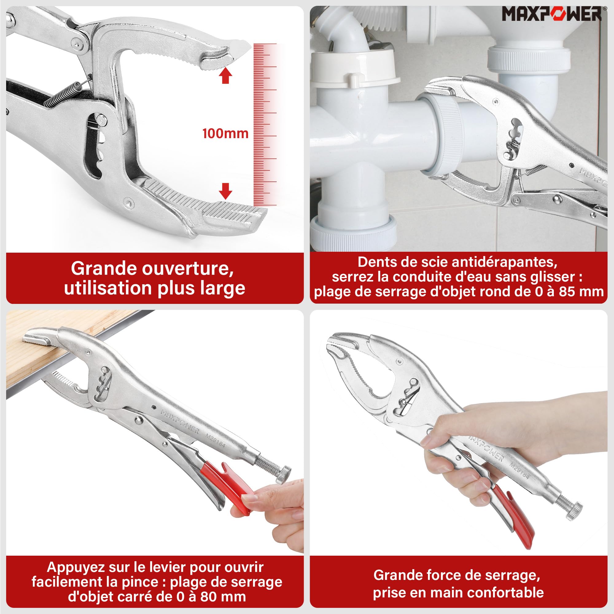 MAXPOWER Pince à etau avec mâchoire de Grand ouverture 100mm，Pince-étau à cran avec bec long déchiqueté avec profondeur de la pince 70mm, Pince-étau pour contenir du bois, du fer et du verre