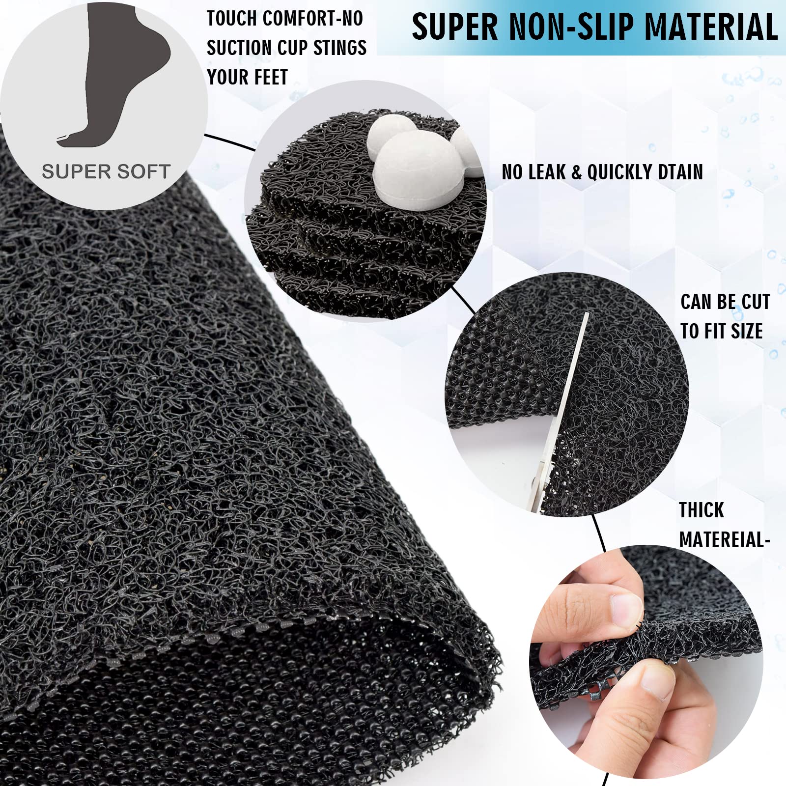 Tapis de douche extra large, antidérapant et sans ventouses - tapis de bain pour surface de baignoire texturée - tapis en luffa à séchage rapide pour douche et salle de bain (60 x 120 cm, noir)