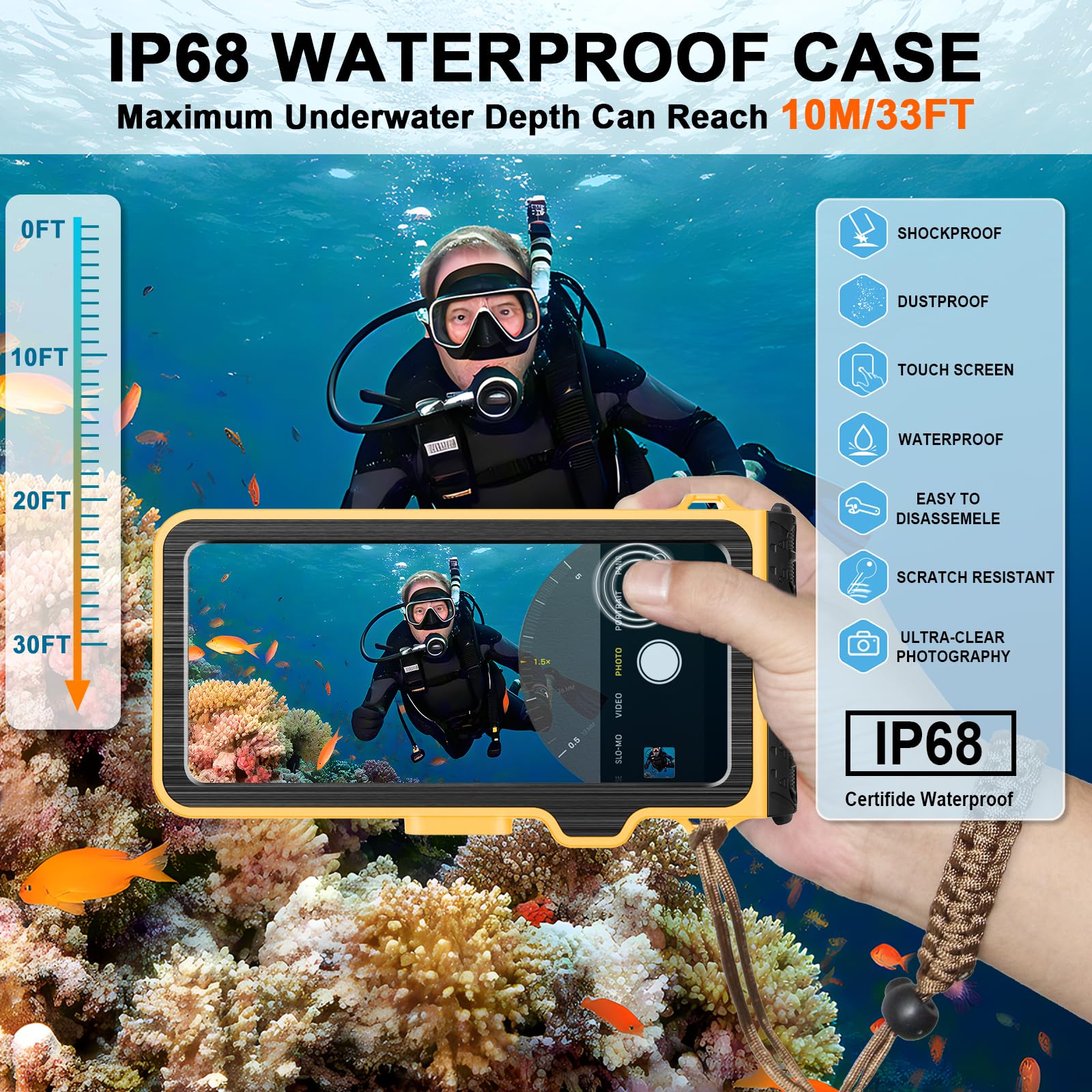 Funda de buceo para iPhone 17/16/15/14/13/12/11 Pro Max/XS/X Samsung Galaxy S26/S25/S24, funda impermeable para fotografía y vídeo subacuático (4ª, amarillo)