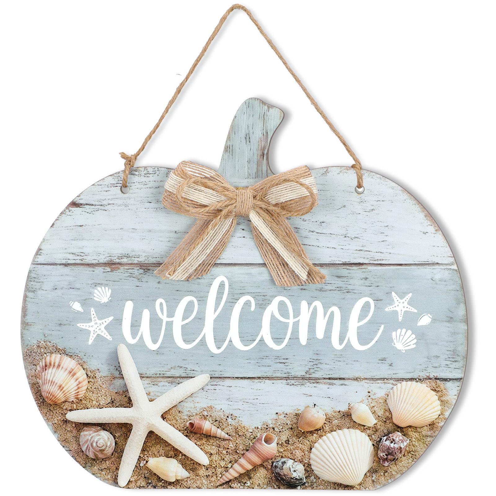 Junkin Coastal Fall Decor Wooden Blue Pumpkin Welcome Sign for Front Door