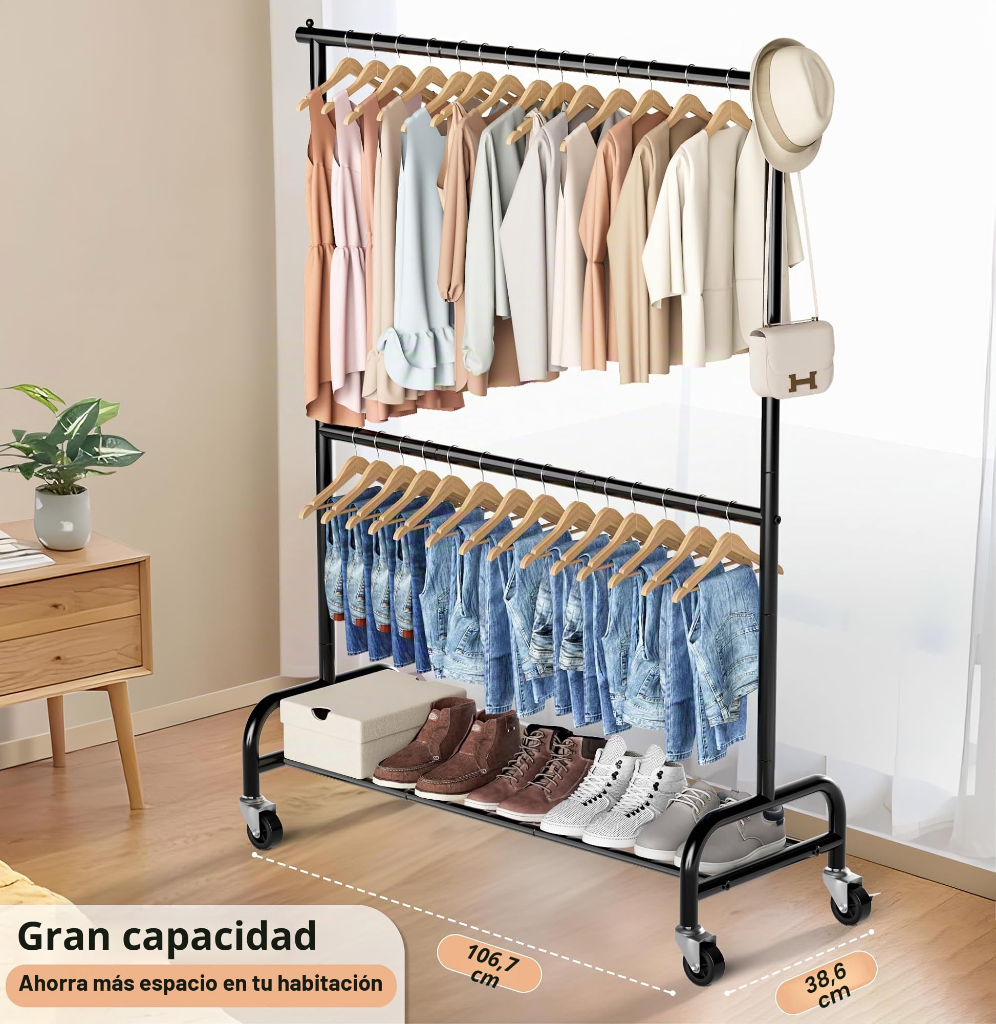 MISSLO Perchero resistente para colgar ropa con doble varilla, estante enrollable para guardarropa con ruedas, metálico, ajustable, color negro