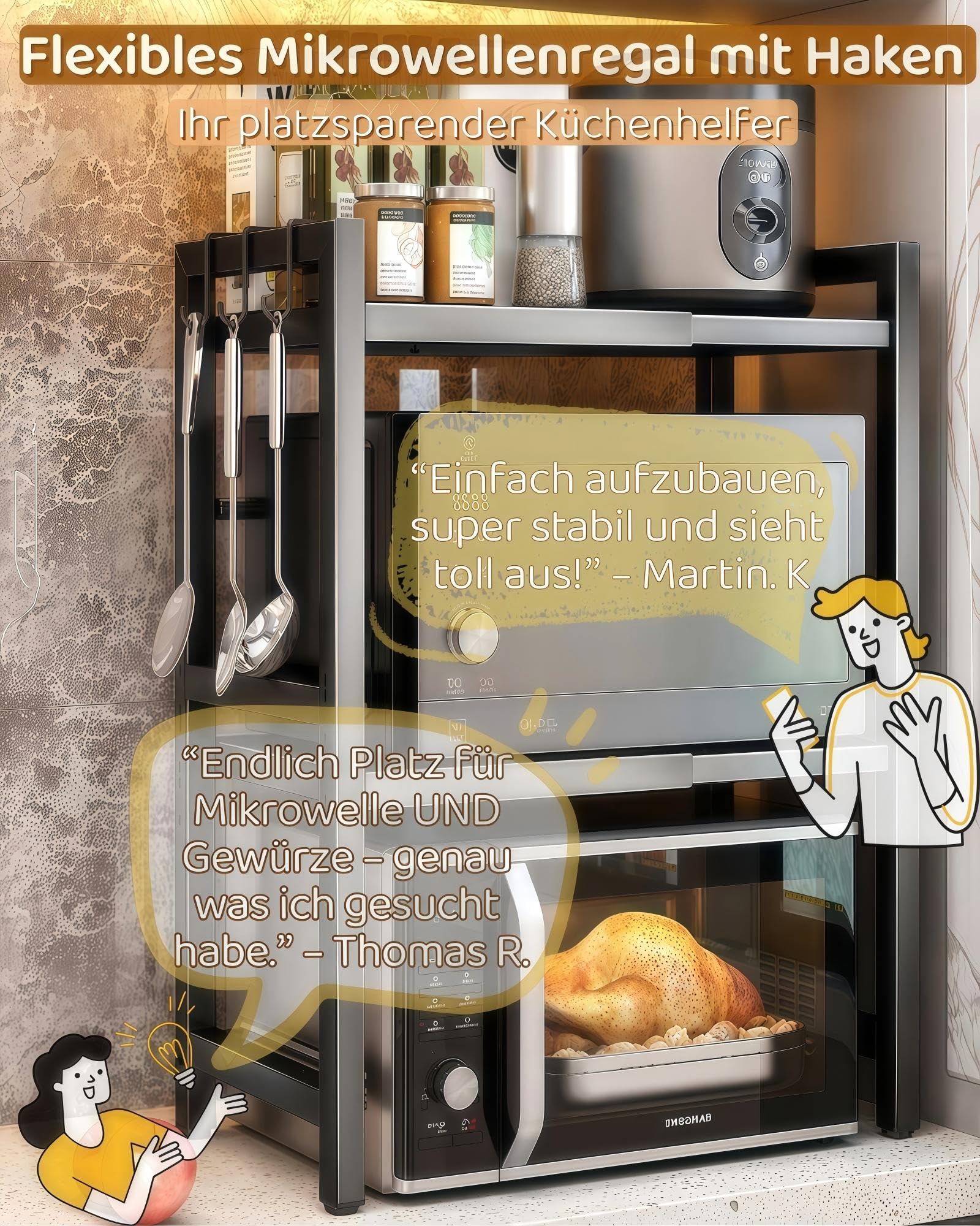 Mikrowellenregal 3 stufig ausziehbar Höhenverstellbarer Mikrowellenständer (40-64cm) ohne Bohren mit 6 Haken, Kohlenstoffstahl für Backofen, Kaffeemaschine & Airfryer