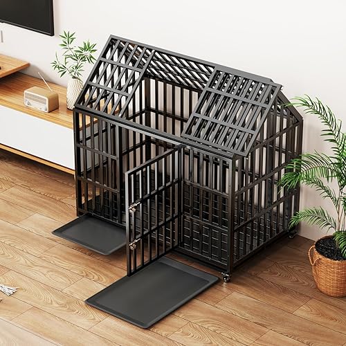Miniatura 6 de Jaula para perros de 52 pulgadas, resistente jaula para perros grandes y medianos con 4 ruedas con cerradura y 2 bandejas extraíbles