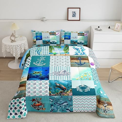 Miniatura 1 de Juego de edredón de playa oceánica, juego de ropa de cama de retazos de pulpo, tortuga marina, ancla costera, colcha náutica para niños y niñas,