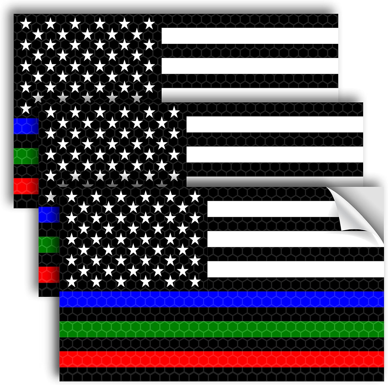 3PC Reflective Thin Line American Flag Sticker - 5x3 Inches - Blue Green and Red Line Decal - US Flag Decals - USA Support Police Military and Firefighter Officers Troops Car Truck Automotive Bumper