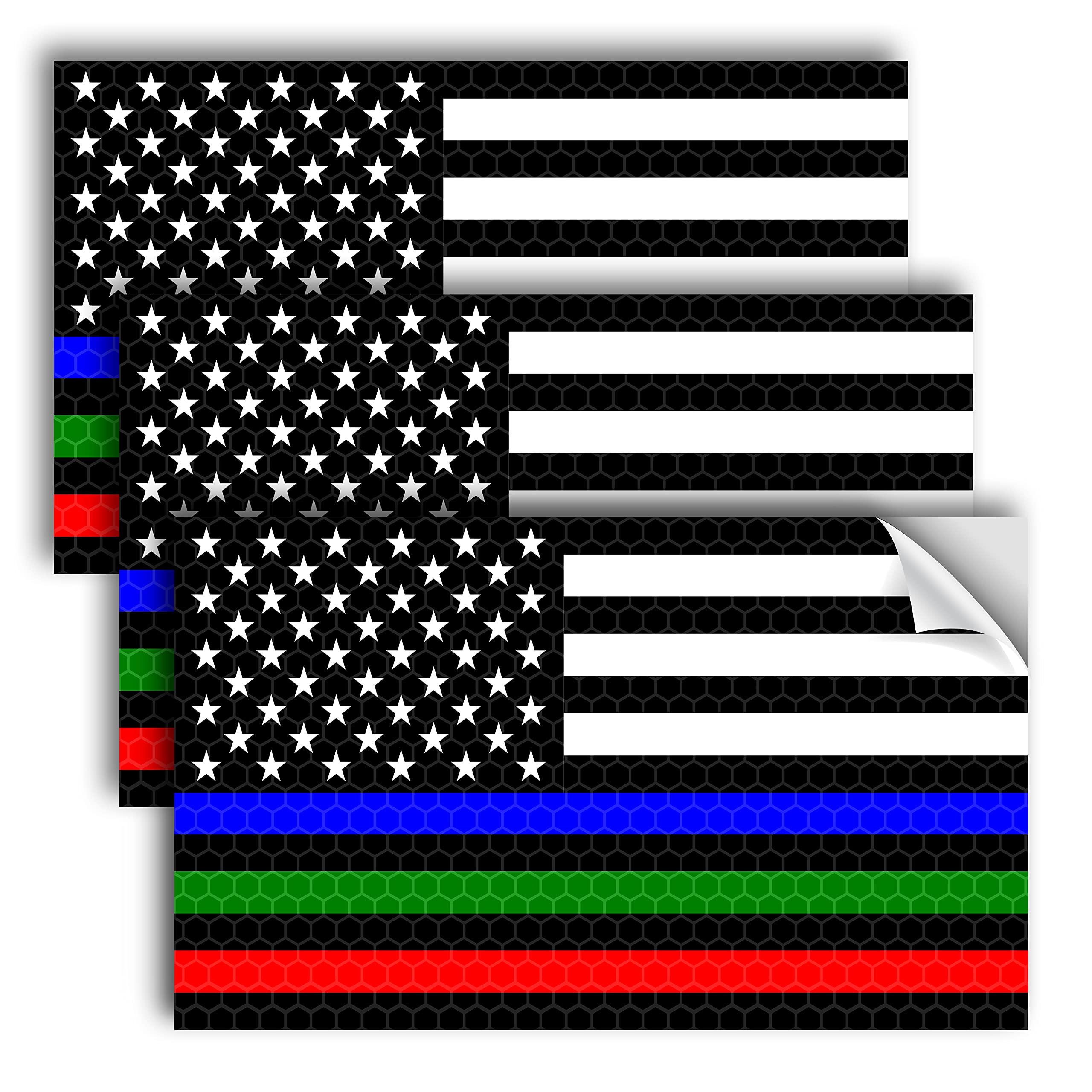 3PC Reflective Thin Line American Flag Sticker - 5x3 Inches - Blue Green and Red Line Decal - US Flag Decals - USA Support Police Military and Firefighter Officers Troops Car Truck Automotive Bumper
