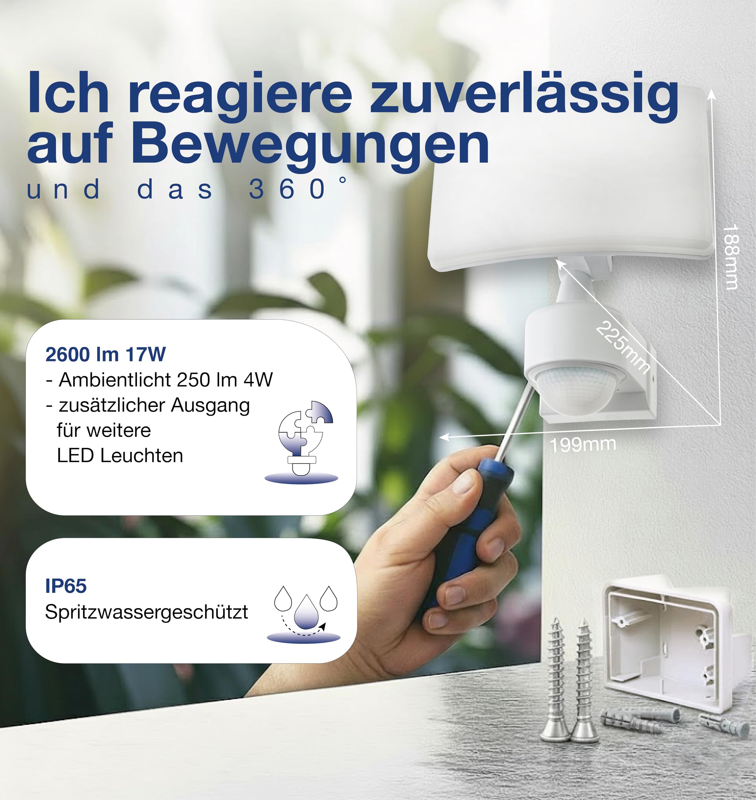 HUBER Reflektor LED z czujnikiem ruchu 360° 20W 1800 lm IP65 biały
