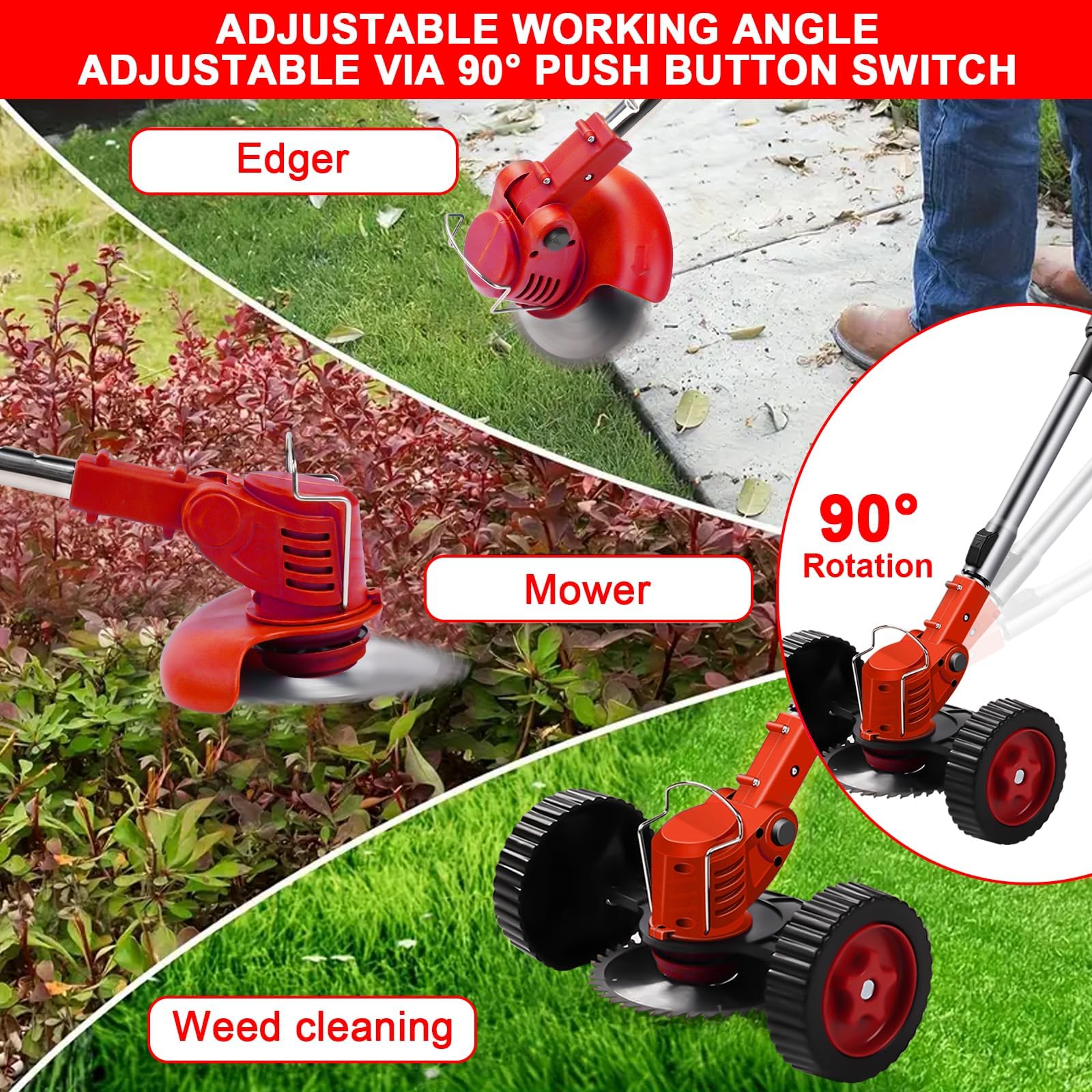 Desbrozadora Bateria con Ruedas, Desbrozadora Electrica Inalámbrica 21V, 2 Baterías de 1,5 Ah, 4 Tipos de Cuchillas, Plegable, Cabezal Ajustable 90° y Mango Telescópico para Jardín y Podar