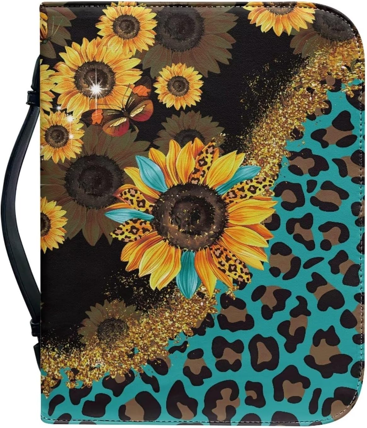 Leopard Sunflower Bible Cover Bag for Women Girls, Bible Bag Organizer with Handle for Standard and Large Size Study Bible Case