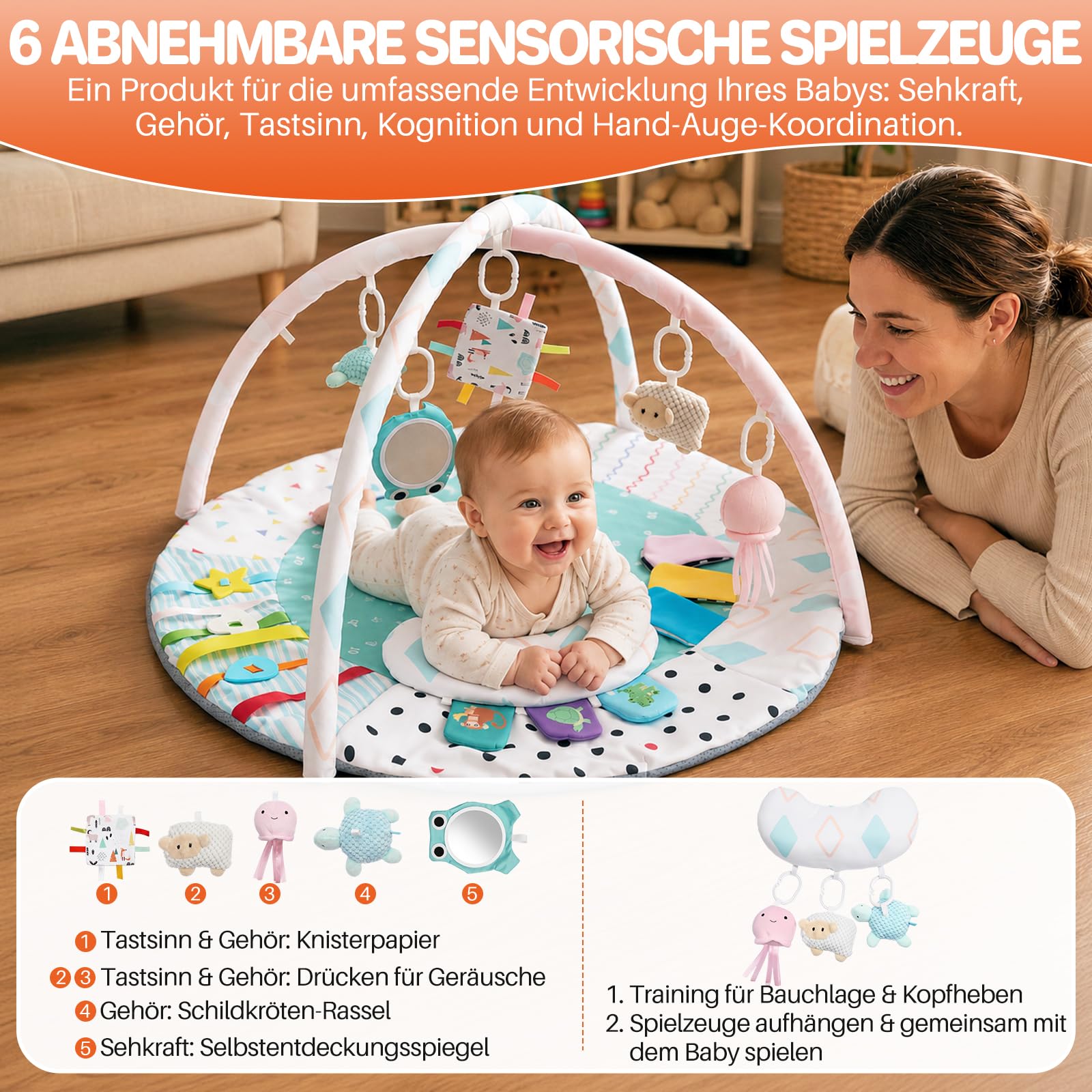 FUNYKICH Spielbogen Baby, Spieldecke Baby mit 6 Spielzeugen & Kissen, Rutschfeste Baby Gym für Babys von 0-18 Monaten, fördert Sinne & Motorik, zusammenklappbare Spielmatte ideales Geschenk für Babys