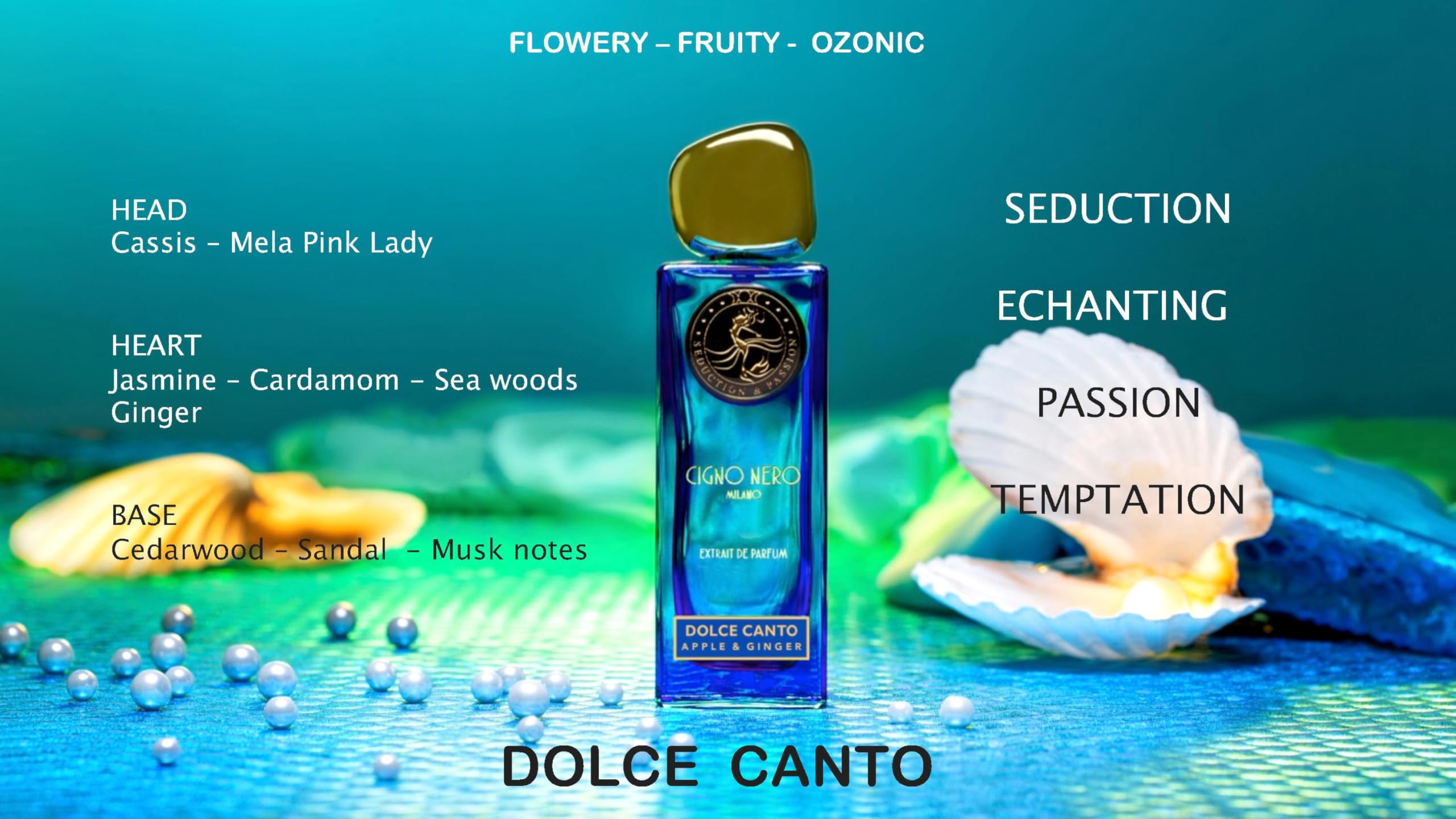 Cigno Nero Milano DOLCE CANTO Długotrwały włoski ekstrakt perfum. Perfumy dla kobiet i mężczyzn 50 ml Nuty zapachowe: kwiat, owoc, morski