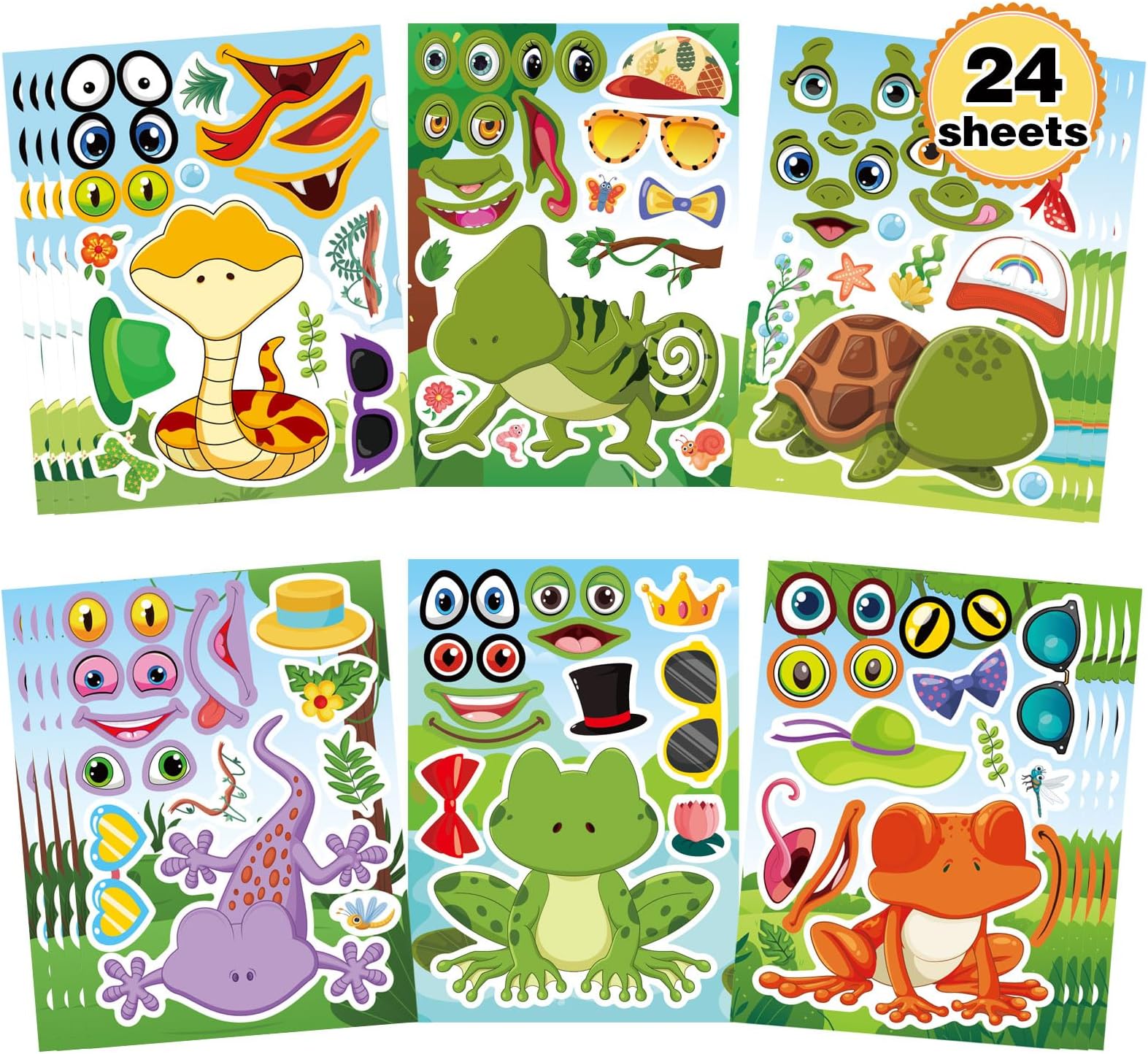 24 PCS Make-a-face Sticker for Kids, Make Your Own Reptile Animal Mix and Match Sticker with Snakes, Lizards, Frogs, Turtles, Kids Party Favor Supplies Craft