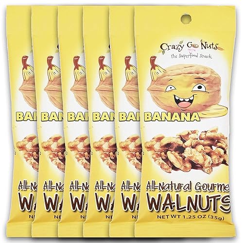 Crazy Go Nuts Walnuts, plátano, 1.25 onzas (paquete de 6)  Snacks saludables, veganos, sin gluten, superalimentos, natural, sin OMG, ALA, ácidos