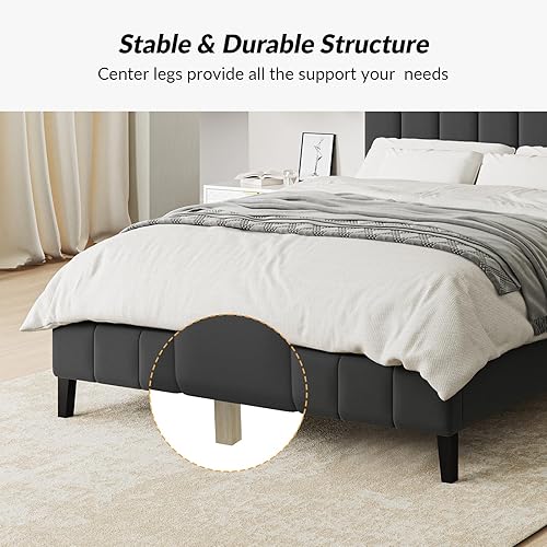 Miniatura 5 de HULALA HOME Base de cama tapizada tamaño Queen con patas centrales, marco de cama Queen de estilo contemporáneo con cabecera y soporte de listones