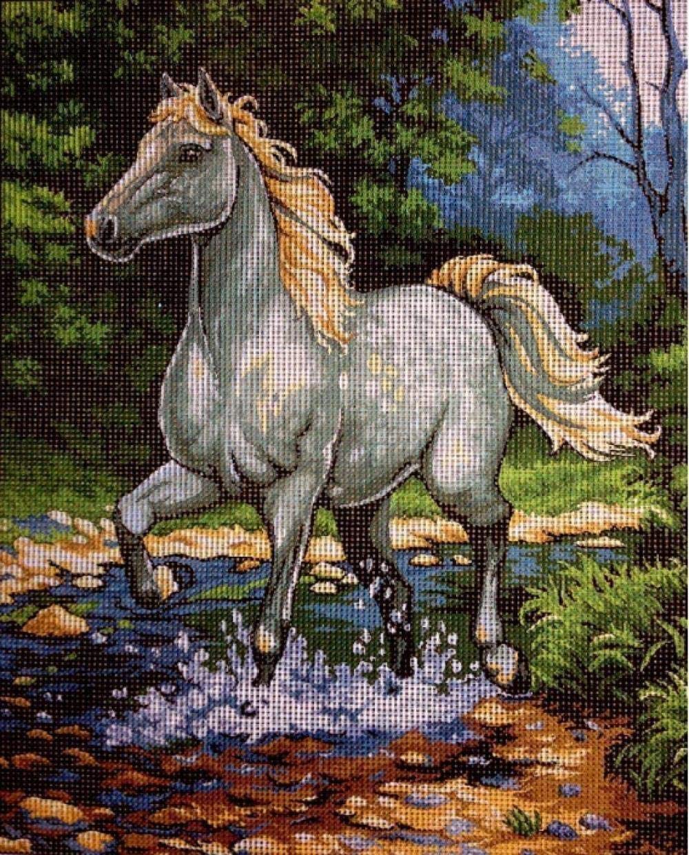 Kit de tapisserie cheval blanc pour créer un tableau brodé main au point de croix