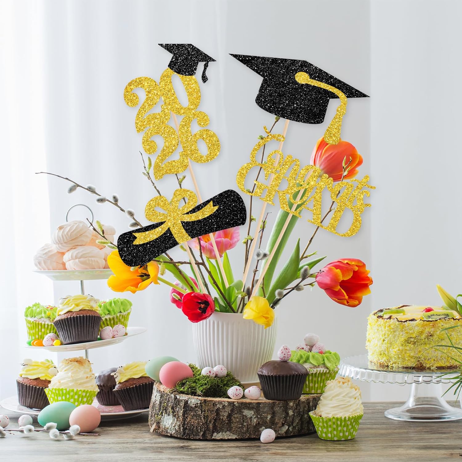 Graduation Decorations Class of 2026 Centerpieces for Tables, 16 PCS Gold and Black Double Sided Sparkling Table Sticks Toppers, Grad Party Decorations (Larger Size, Set of 4)