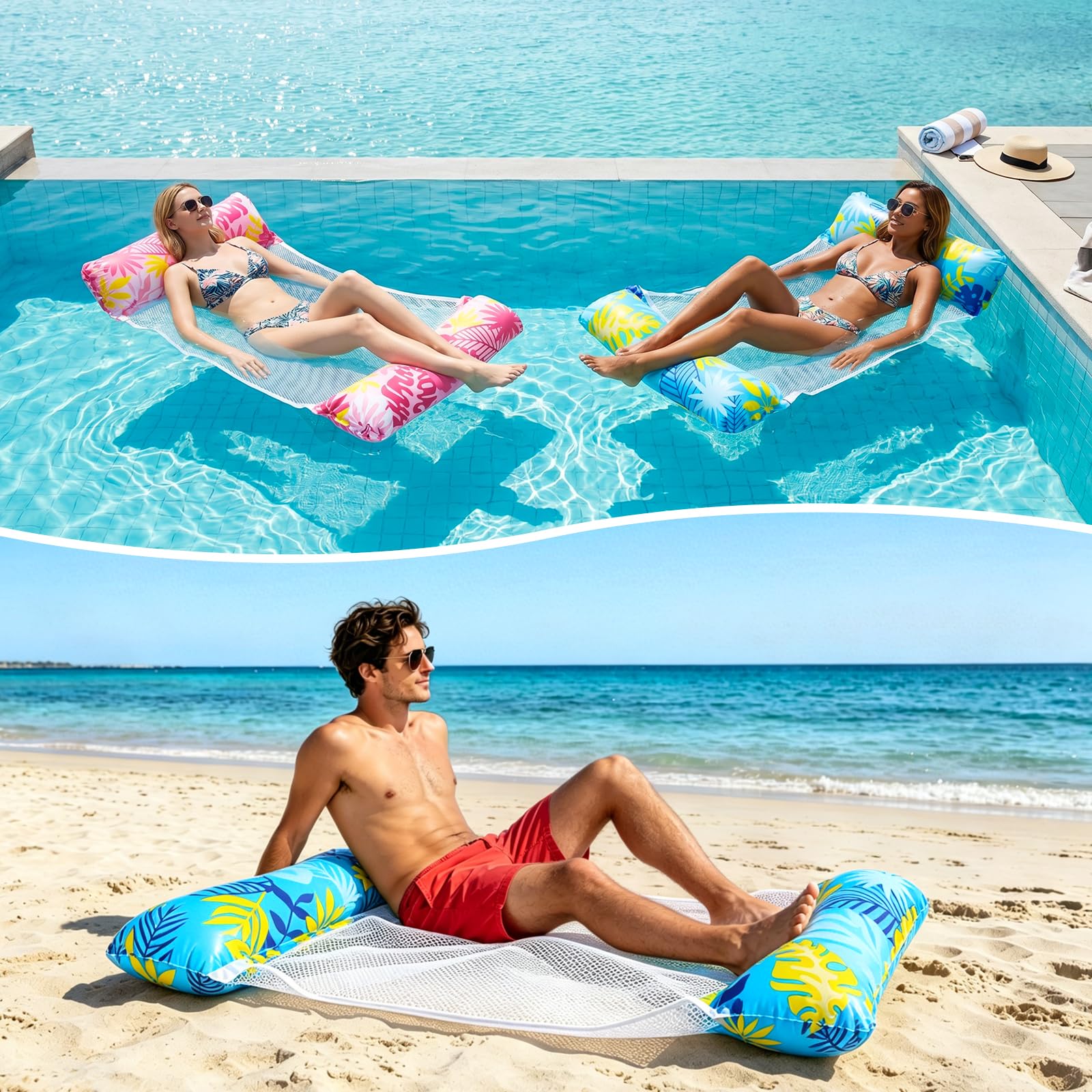 Luftmatratze Pool, 2 Stück Pool Zubehör Wasserhängematte Erwachsene, 4 IN 1 Aufblasbarer Luftmatratze Wasser Mit Netz Für Pool Meer Strand See（Blau + Rot）