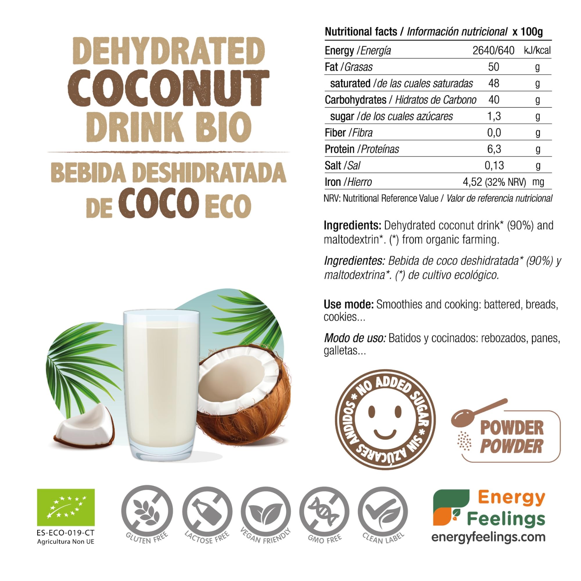 Energy Feelings Latte di Cocco in Polvere Bio 1kg, Senza Zucchero e Senza Lattosio, Latte di Cocco per Cucinare, Vegan Coconut Milk, Contiene Maltodestrine