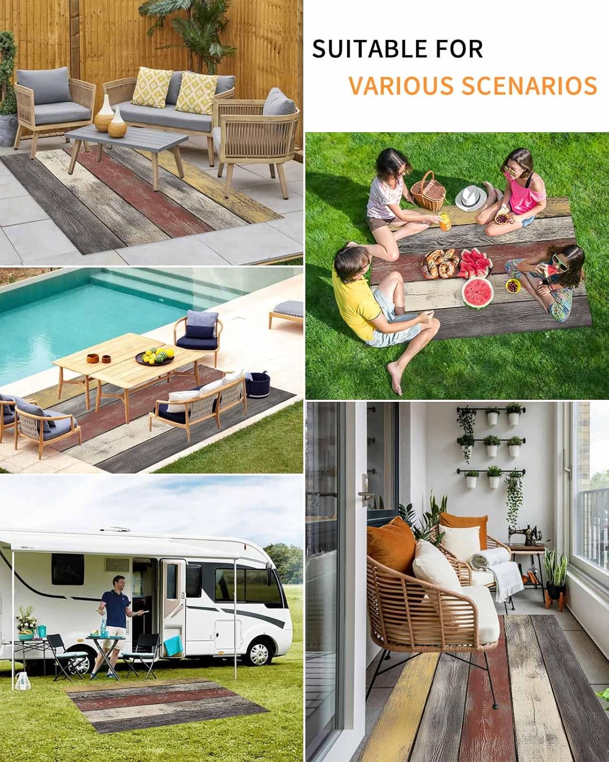 Outdoor Rug 4x6 ft Brown Black Wood Grain Outdoor Large Area Rug Non Slip Rubber Vintage Wooden Front Door Mat RV Rug Camping Carpet Patio Outdoor Rugs for Backyard Balcony Deck Porch Indoor Outside