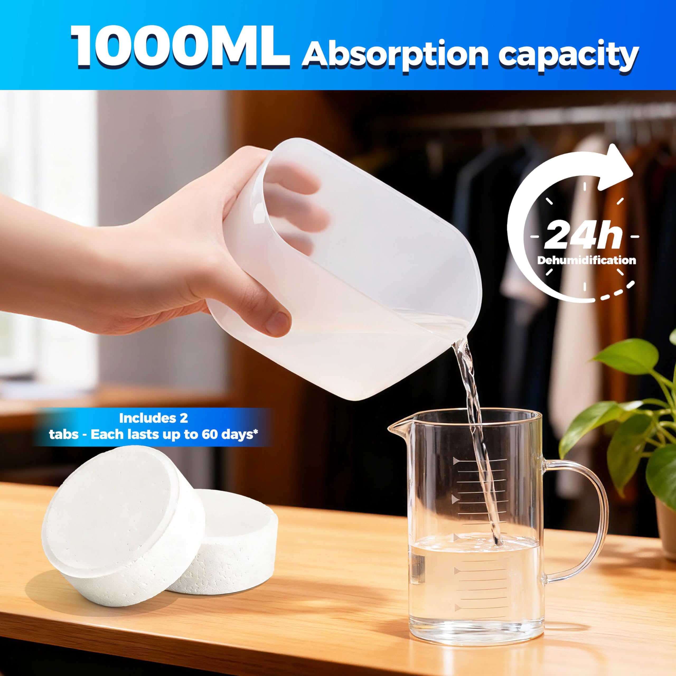 CleanShark Assorbitore di umidità con compresse drop-in, assorbitori di umidità riutilizzabili per armadi e aree umide, include 2 compresse deumidificatori a lunga durata (500 ml), senza profumo