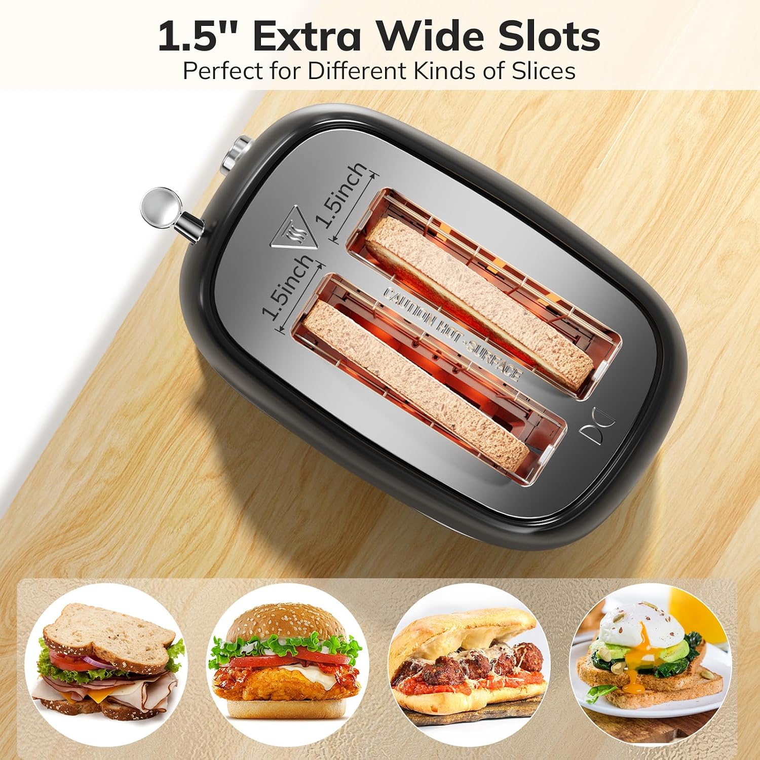 Retro Stainless Steel 2 Slice Toaster - Bagel, Cancel, Defrost Functions, 6 Shade Settings, Extra Wide Slot, Removable Crumb Tray (Black), view 4