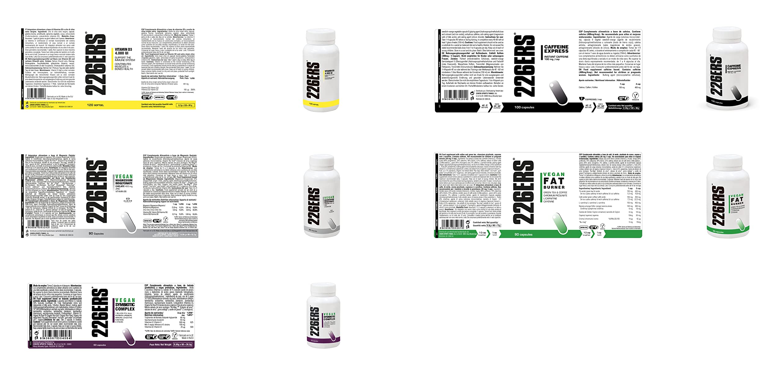 226ERS Pack Control de Peso 5 Suplementos | Optimiza Masa Corporal con Cápsulas de Cafeína + Termogénico Quemagrasas + Vitamina D3 + Complejo Simbiótico + Magnesio Quelado