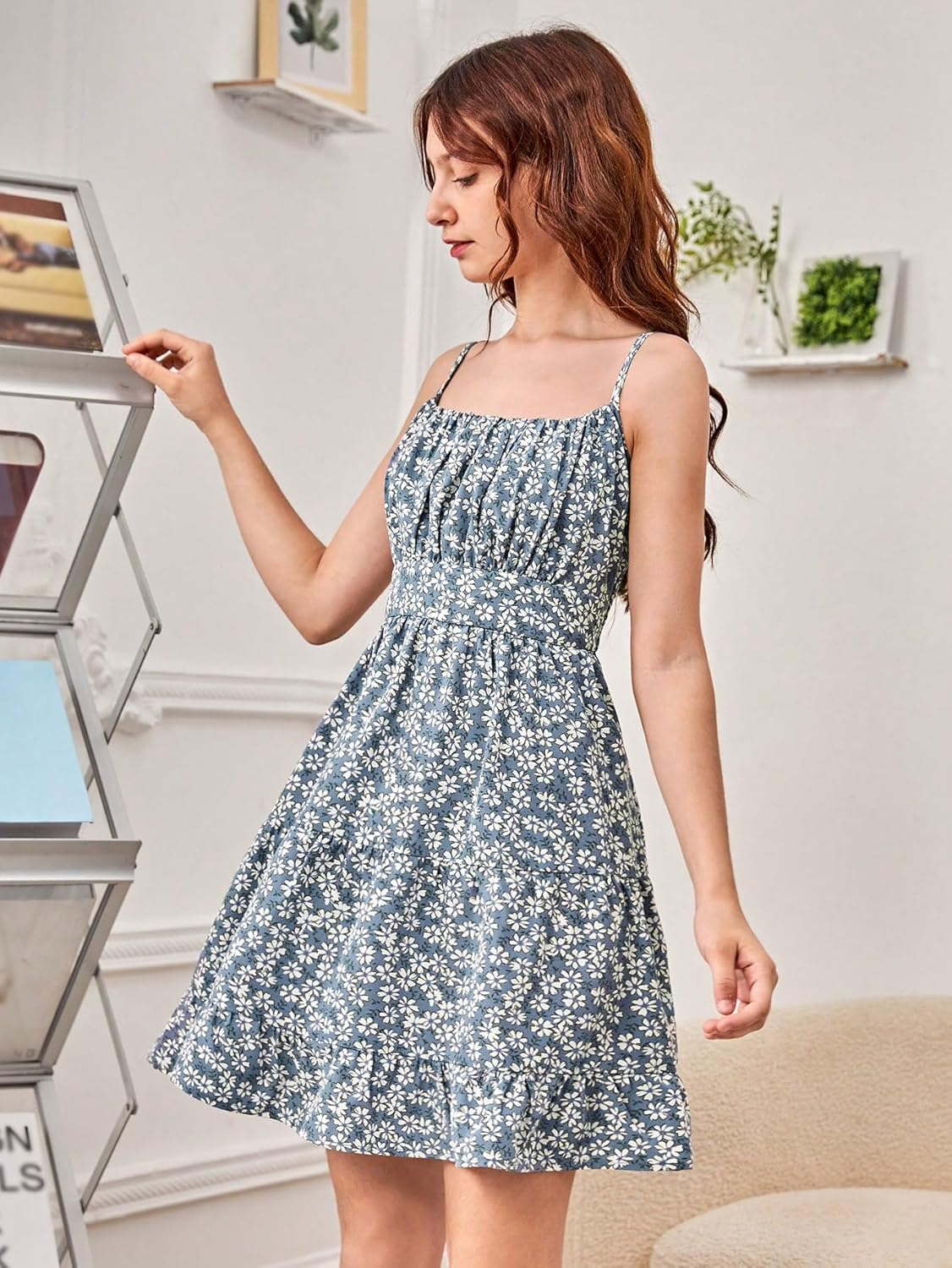 COZYEASE Girls' Floral Print Ruched Bust Ruffle Hem Sleeveless High Waist Cami Dress Boho Short Dresses - Image 4