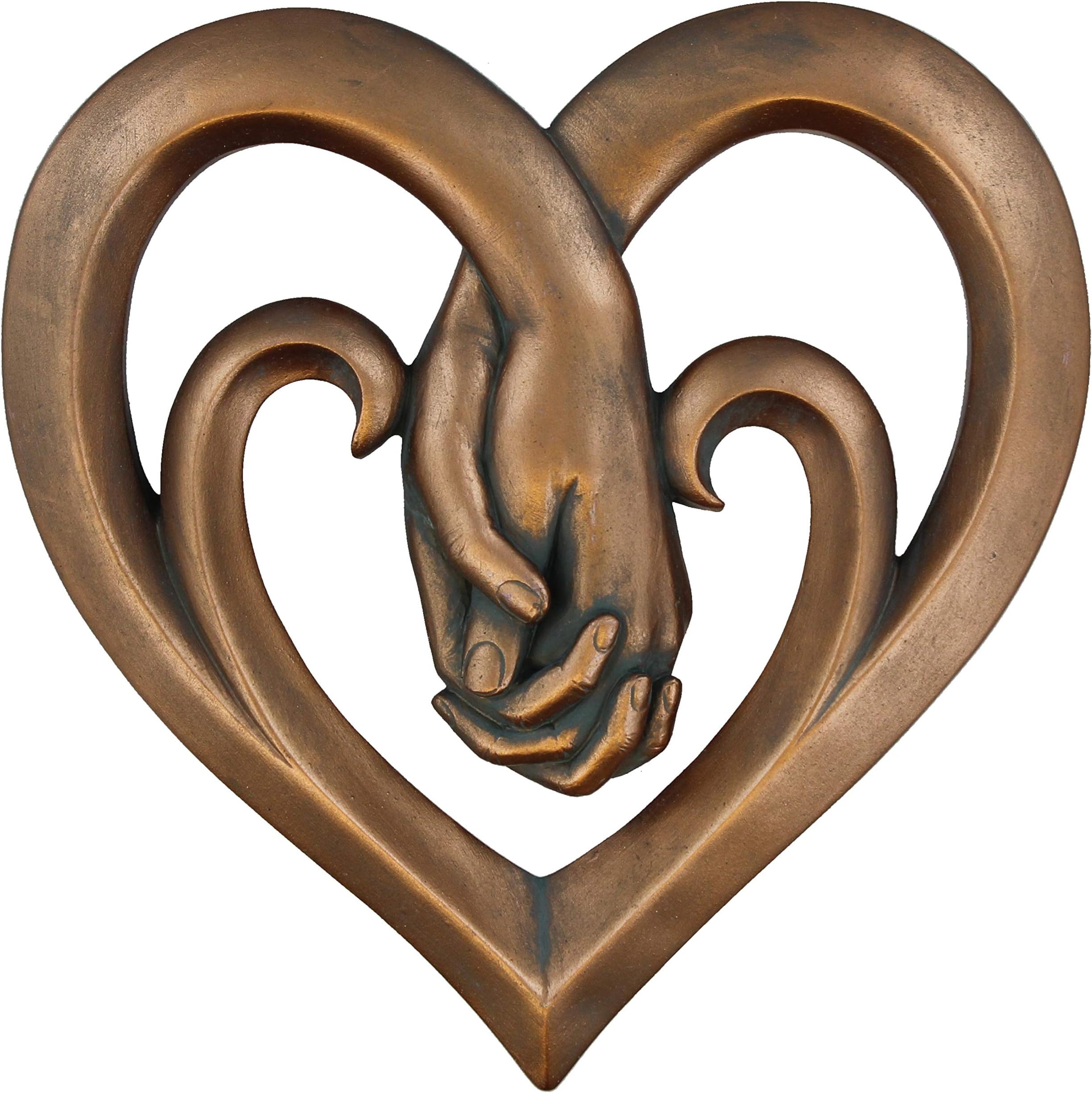 Top Brass Heart Holding Hands Wall Decor Decorative Art Sculpture - Copper Bronze Verdigris Finish - Forever Love