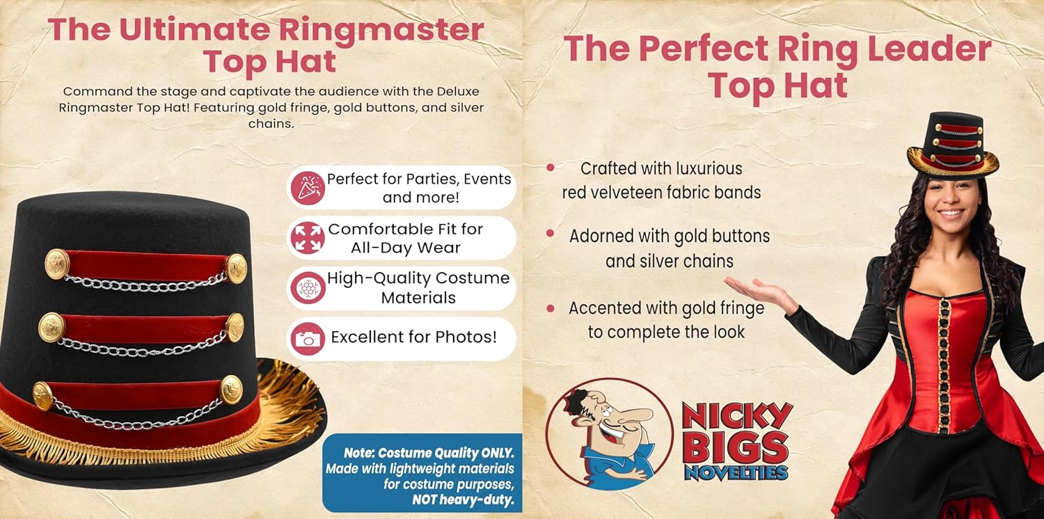 Nicky Bigs Novelties Ring Master Hat, Lion Tamer Hat, Ring Leader Hats, Circus Hats, Ringmaster Costume Women, Lion Tamer Costume Women, Circus Ringleader Costumes Accessories - Image 3