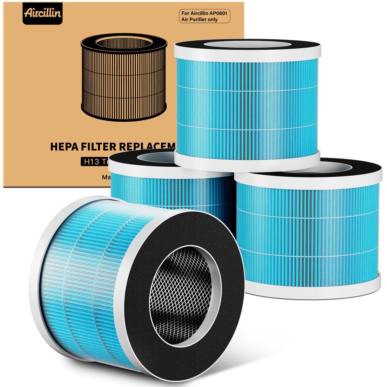 Aircillin Air Purifier AP0801 Replacement Filters 4-Pack, H13 True HEPA Filter, Activated Carbon Filter
