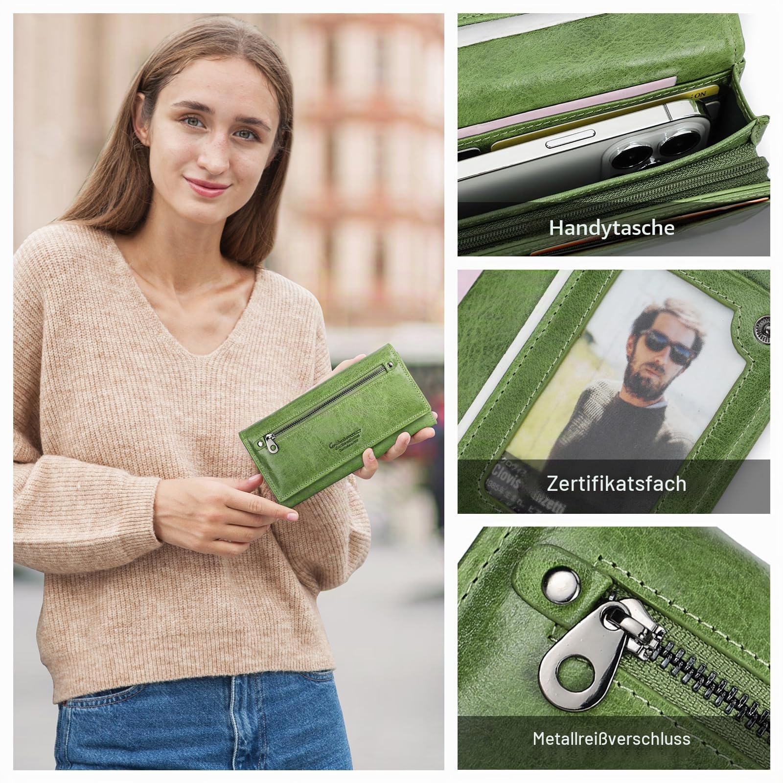 CONTACTS Frauen-echtes Leder-Karten-Münzen-Telefon-Halter-Reißverschluss-Kupplungs-Geldbeutel-Geldbörse (Grün)