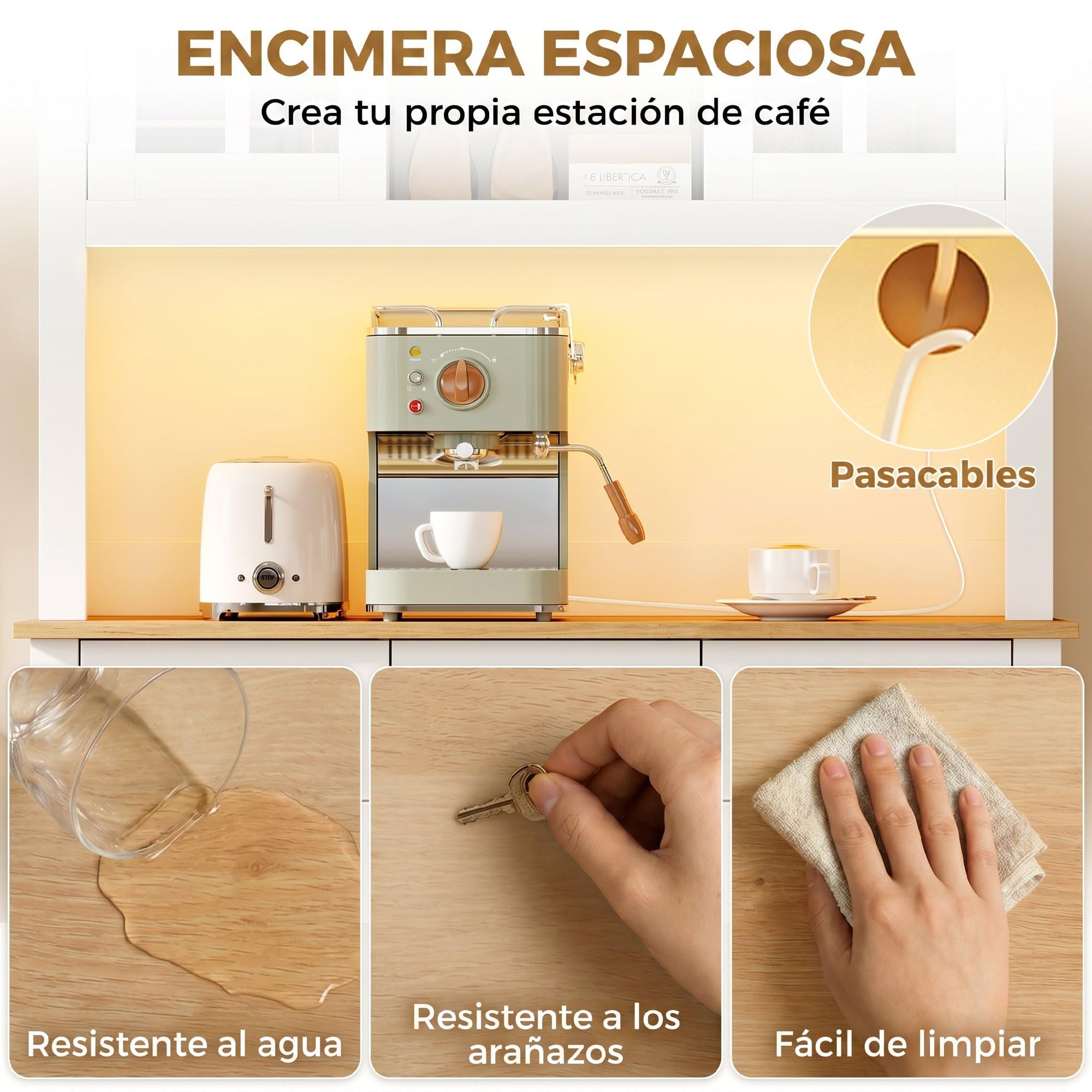 HOMCOM Alacena de Cocina con Iluminación LED Control por App, Armario Cocina Alta con Encimera para Microondas, Botellero, Puertas de Vidrio, Estantes Abiertos, 3 Cajones, Estantes Ajustables, Blanco