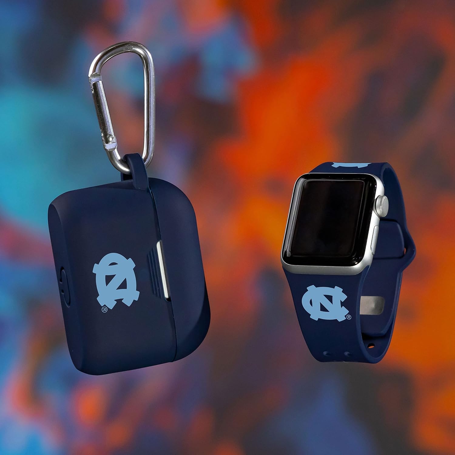 AFFINITY BANDS North Carolina Tar Heels Silicone Sport Band and Case Cover Combo Package Compatible with Apple Watch and AirPods Pro (42/44/45/49mm (46mm Series 11) Navy)