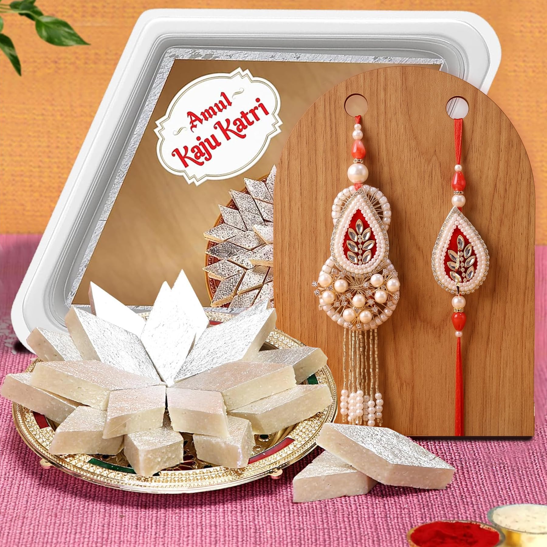 TIED RIBBONS Rakhi For Brother And Bhabhi With Sweets Gift Pack - Premium Rakhis With Kaju Katli Gift Pack Mini Greeting Card And Roli Chawal For Bhaiya And Bhabhi, Chocolate, Chocolate, 300 Gram-image-2