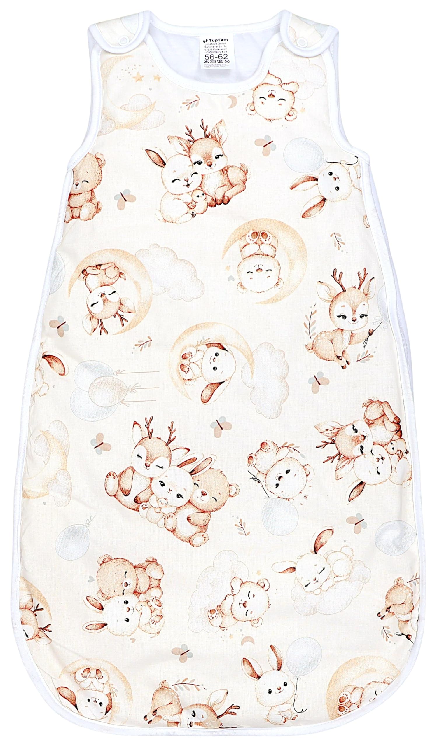 TupTam Schlafsack Baby 2.5 TOG – OEKO-TEX Ganzjahresschlafsack Kinder mit Seitlichem Reißverschluss, Ärmellos, Farbe: Beige Tiere auf Wolken/Beige, Größe: 68-74