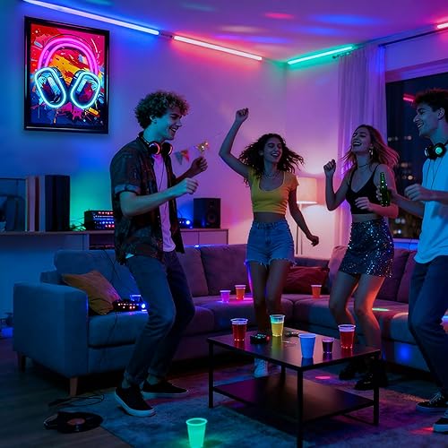 Miniatura 6 de Letrero de neón con música para auriculares, arte de pared con forma de gamepad regulable en acuarela, imágenes coloridas impresiones de lienzo para