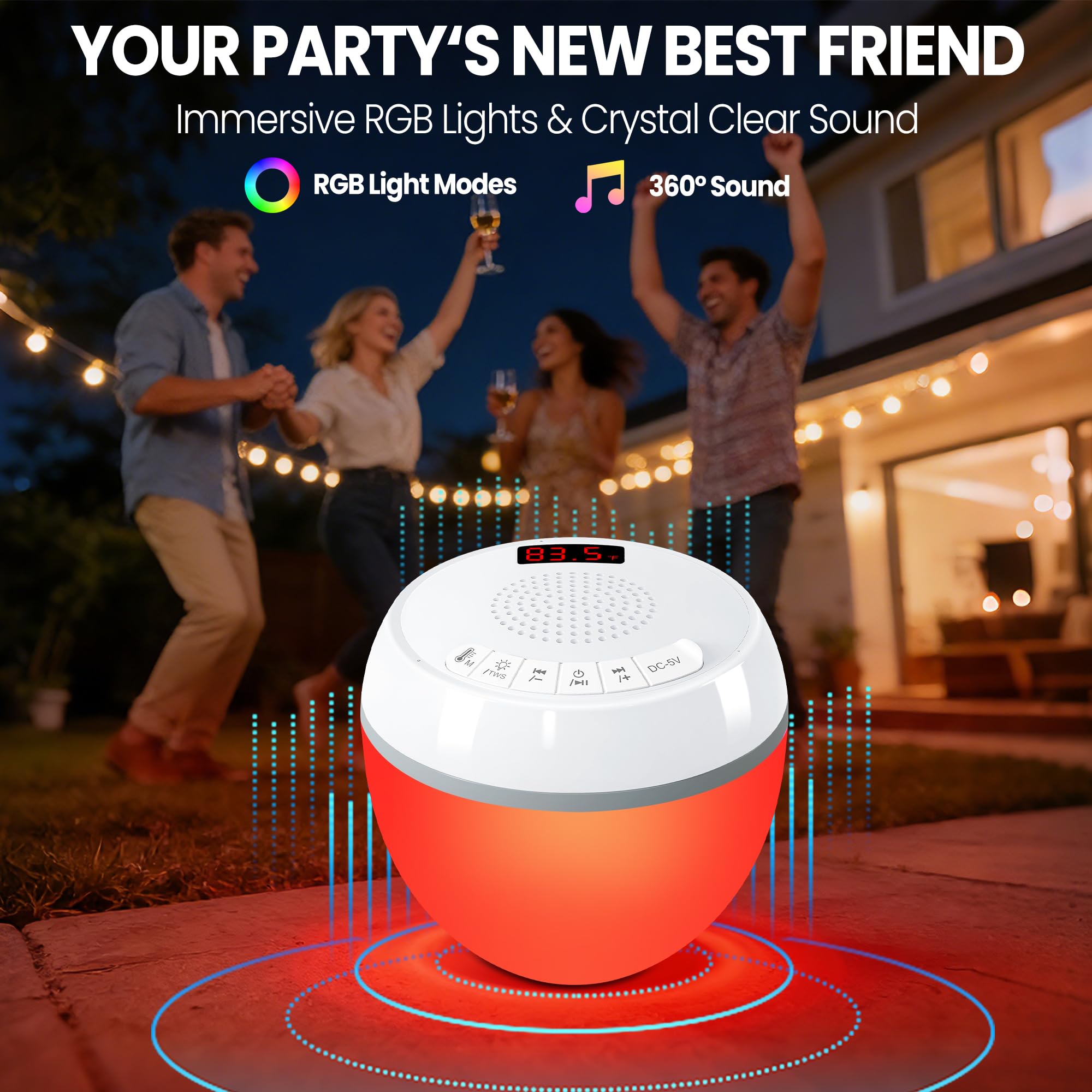 AearKing Altoparlante galleggiante 3in1 per piscina con termometro digitale e luci | Luci RGB, TWS, impermeabile IP68, Bluetooth 5.0, suono surround a 360°, display LCD della temperatura, ABS, ricarica USB