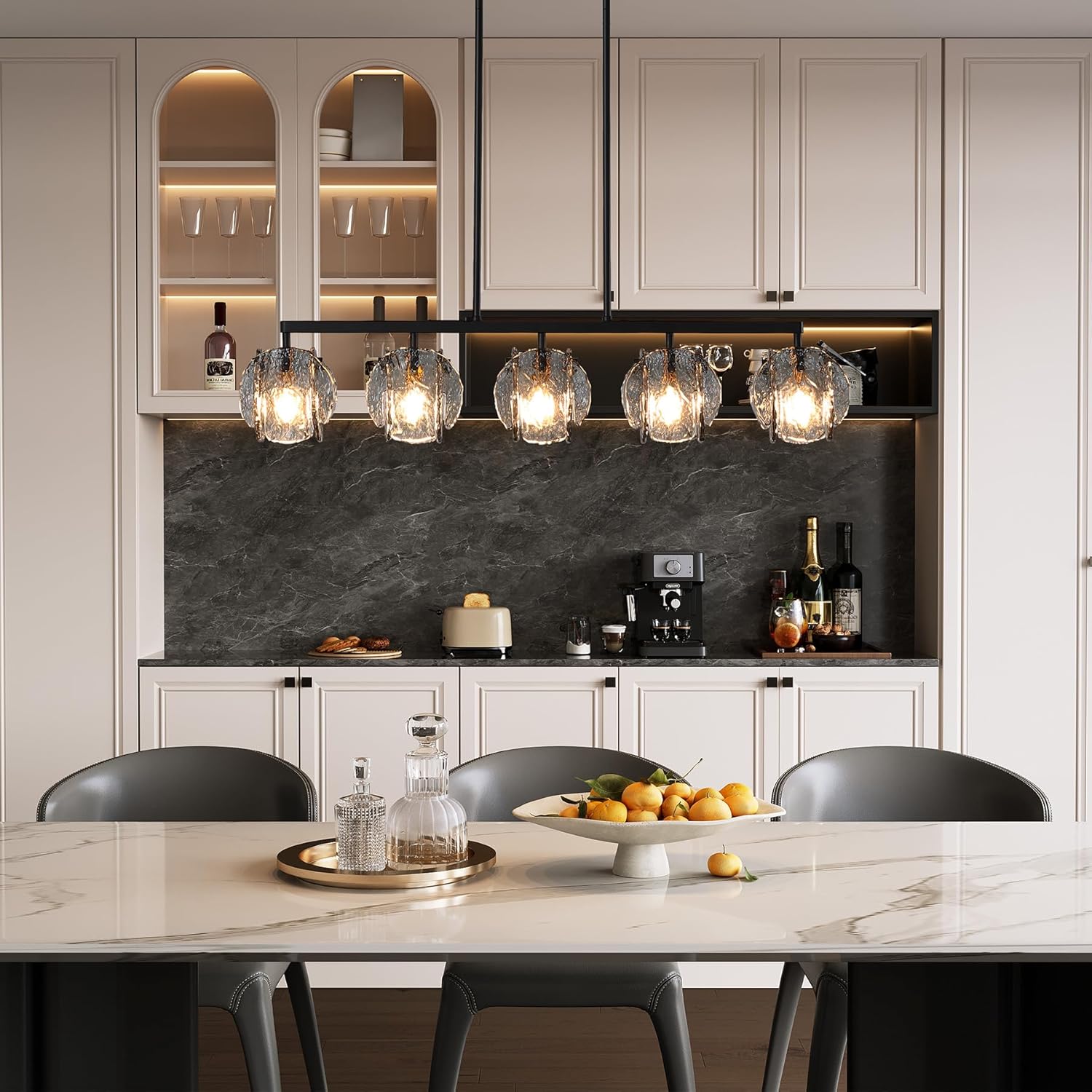 Tribesigns 5-Light Dining Room Light Fixture, Luxury Linear Chandelier for Kitchen Island Lighting with Adjustable Height, Matte Black Chandeliers Pendant Ceiling Light with Smokey Gray Glass Shade