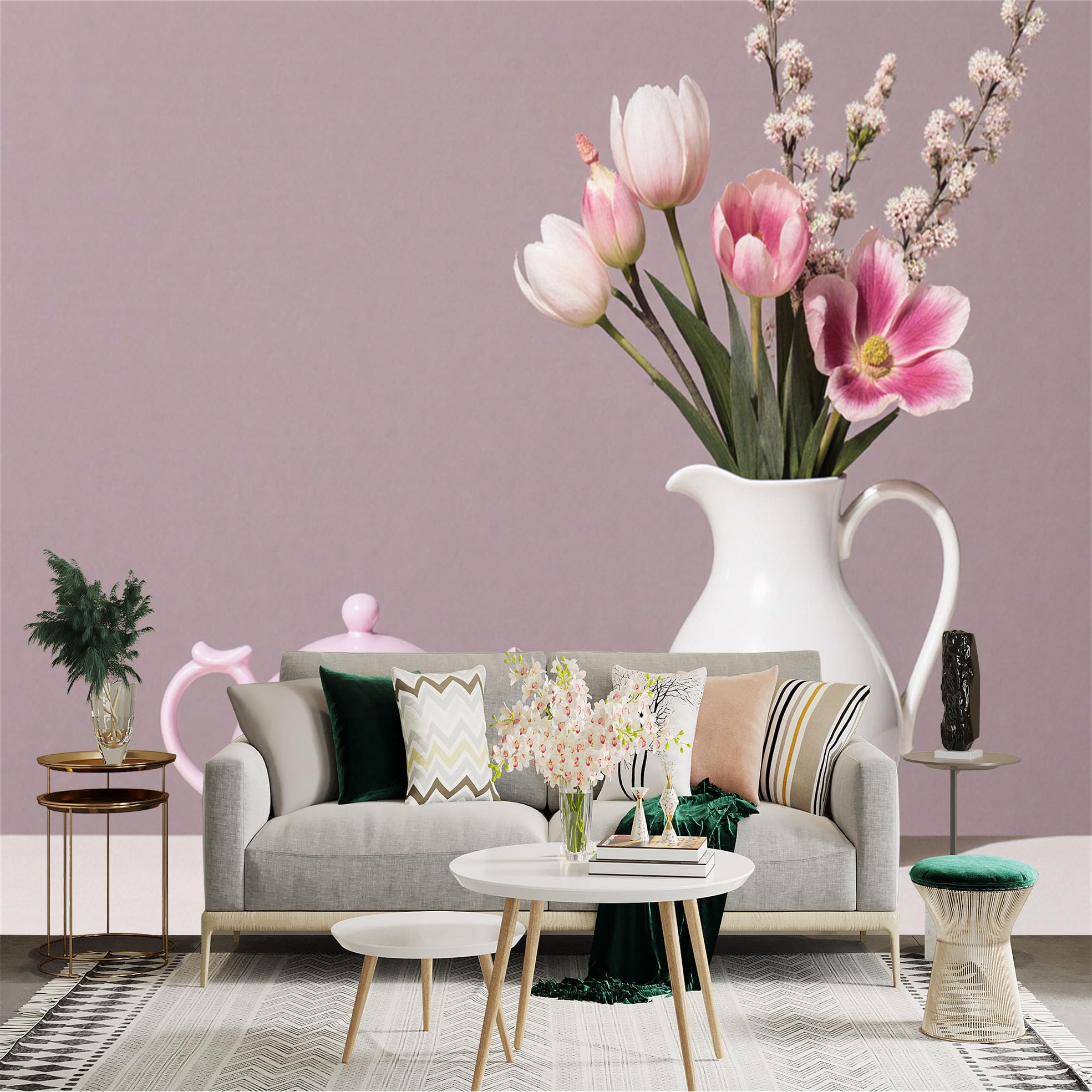 Custom Size Wall Sticker Mural， Pink Tea Pot with Vase of Tulips， Soft Floral Still Life， for wall Decoration， peelandstick wall Decals.