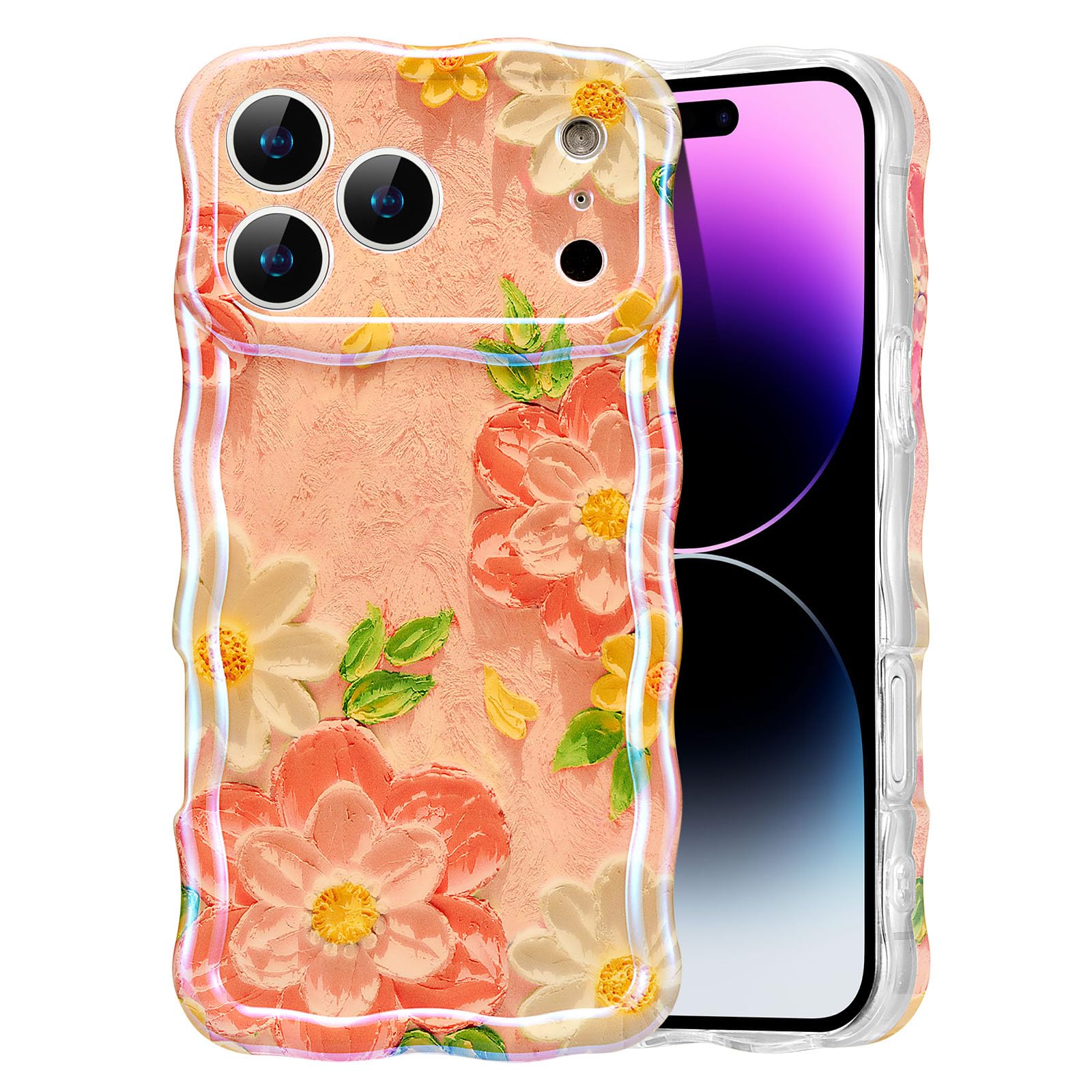 EYZUTAK Case for iPhone 15, Colorful Retro Oil Painting Flower Laser Beam Glossy Pattern Cute Curly Waves Border Exquisite Phone Cover Stylish Durable Soft TPU Protective Case for Girls Women - Green — view 33