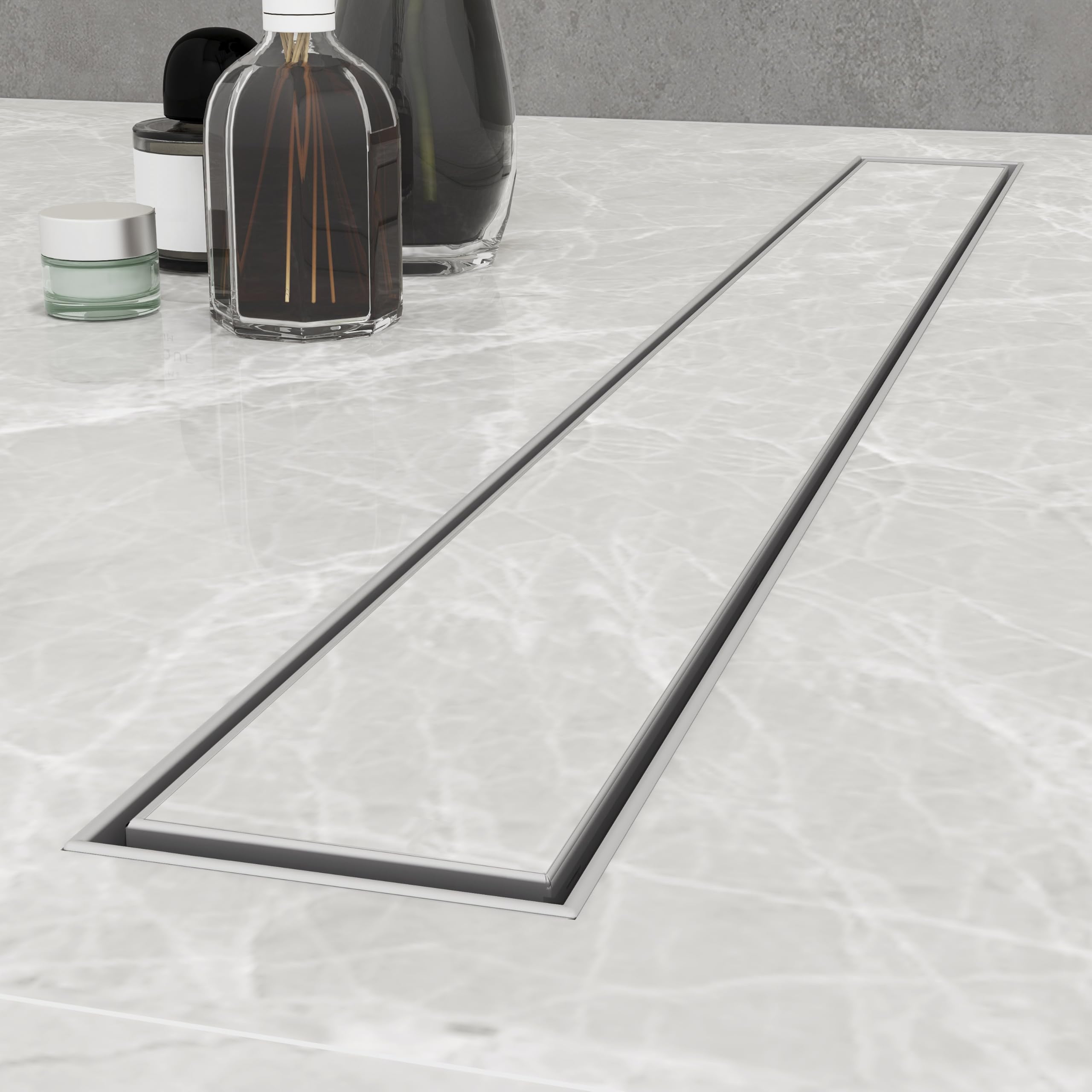 Biubiubath 60cm 2 in 1 Linear Shower Drain with Tile Insert Grate, Professional 304 Stainless Steel Rectangle Shower Drain Manufacturer, Linear Drain with Leveling Feet, 360° Siphon